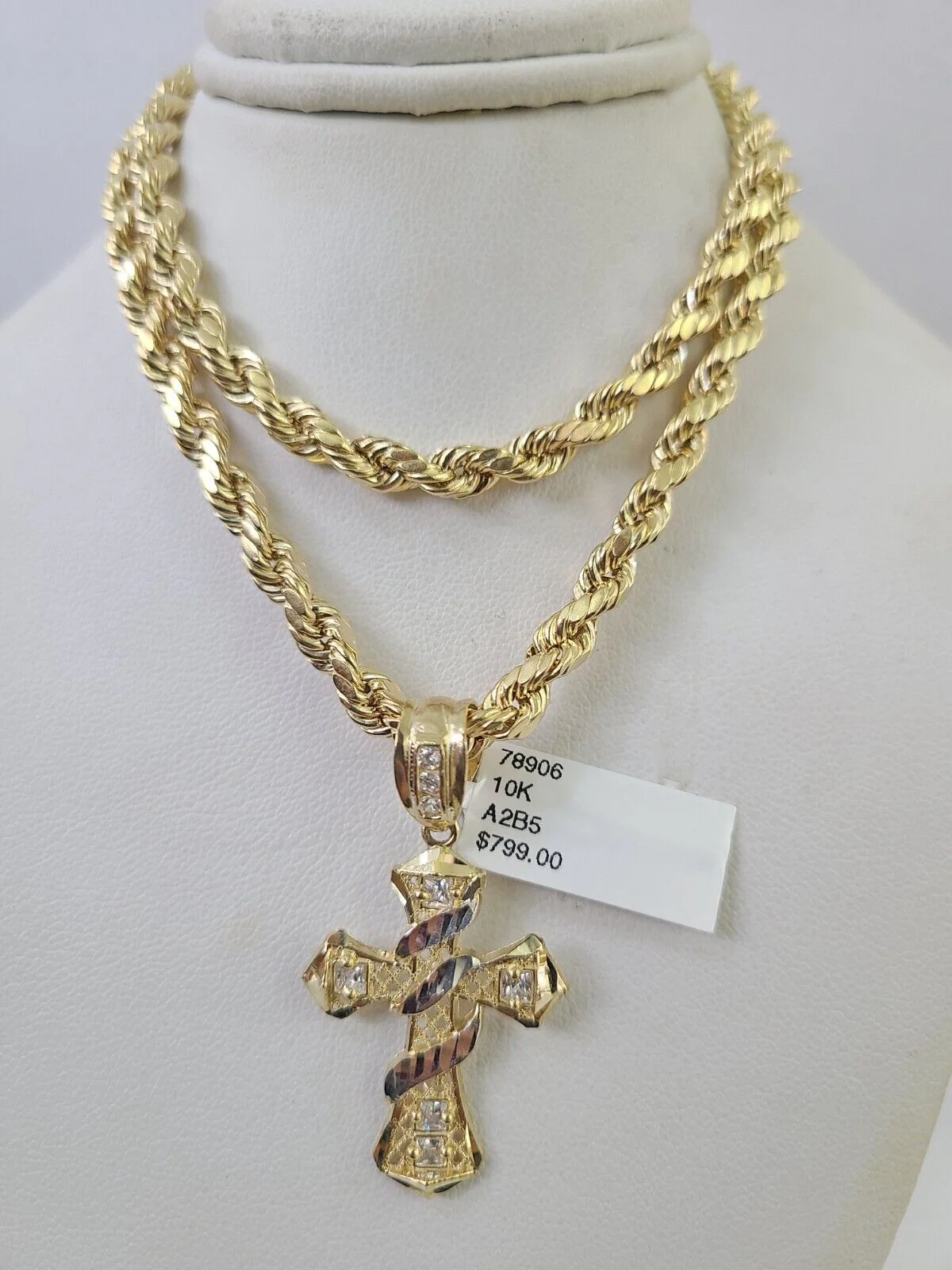 Real 10k Rope Chain Jesus Cross Charm Necklace Pendant Set 5mm 26" Inch Gold - Image 2