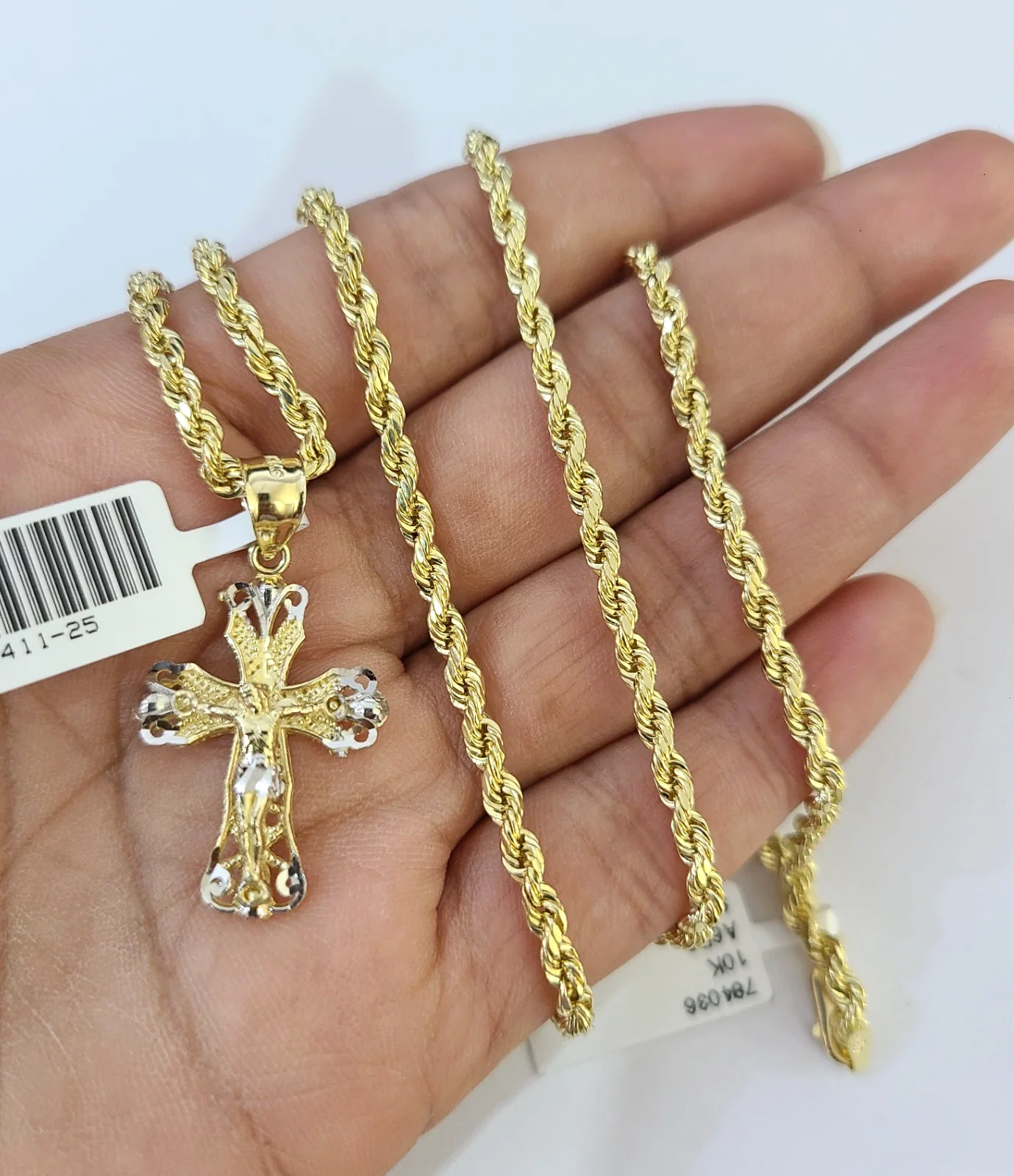 Real 10k Rope Chain Jesus Cross Charm Necklace SET 2mm 18"-28" Pendant
