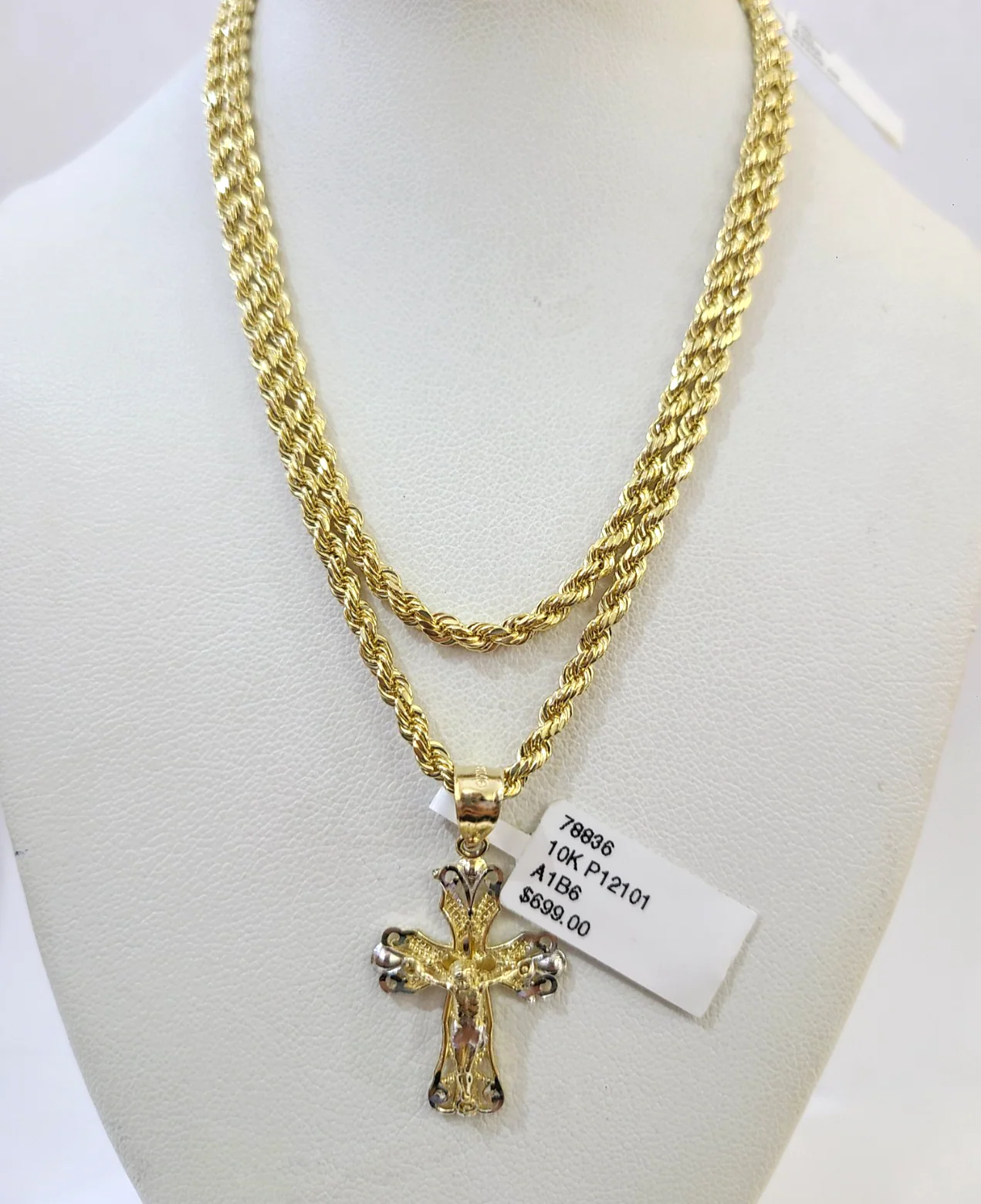 Real 10k Rope Chain Jesus Cross Charm Necklace SET 3mm 18"-28" Pendant