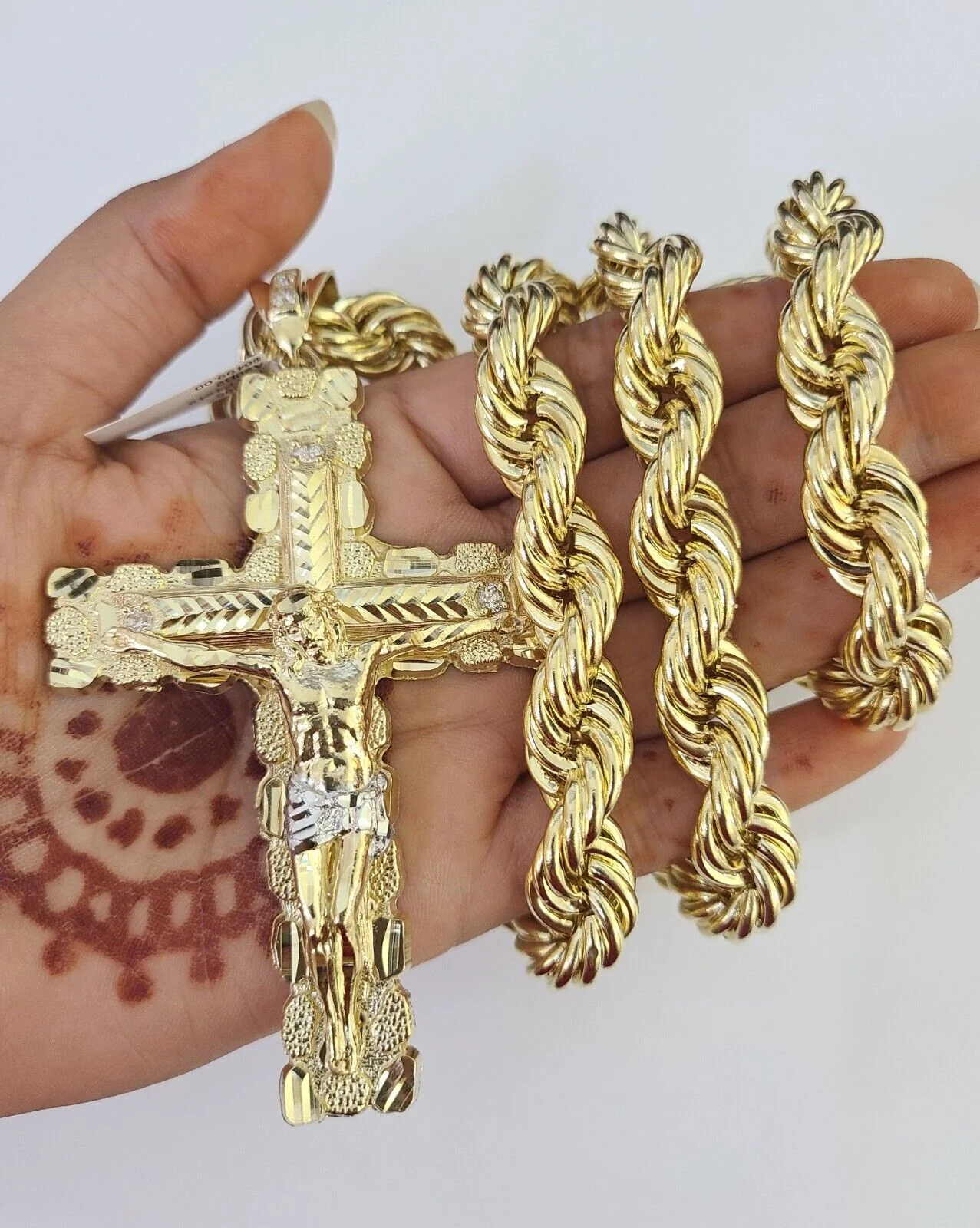 Real 10k Rope Chain Jesus Cross Charm Set 12mm 20"-30" Inch Necklace Yellow Gold - Image 6
