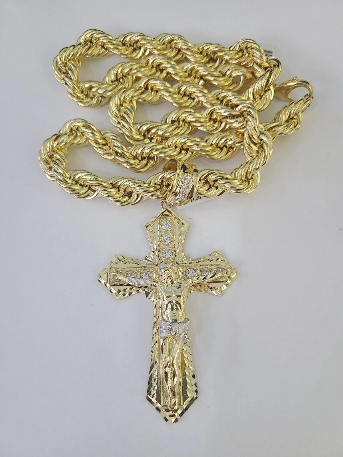Real 10k Rope Chain Jesus Cross Charm Set 12mm 20"-30" Inch Necklace Yellow Gold - Image 6