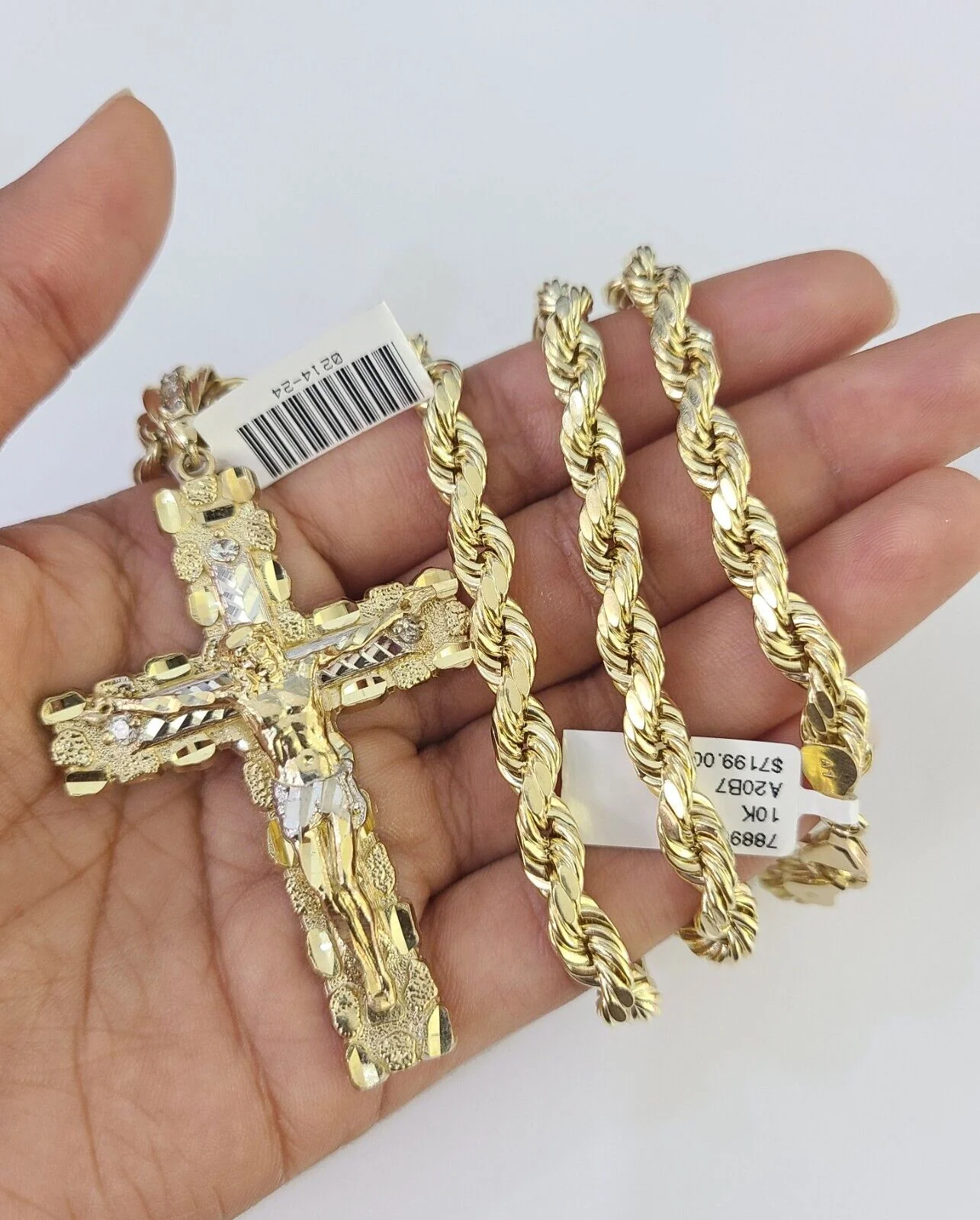 Real 10k Rope Chain Jesus Cross Charm Set 7mm 20"-28" Inch Necklace Yellow Gold - Image 3