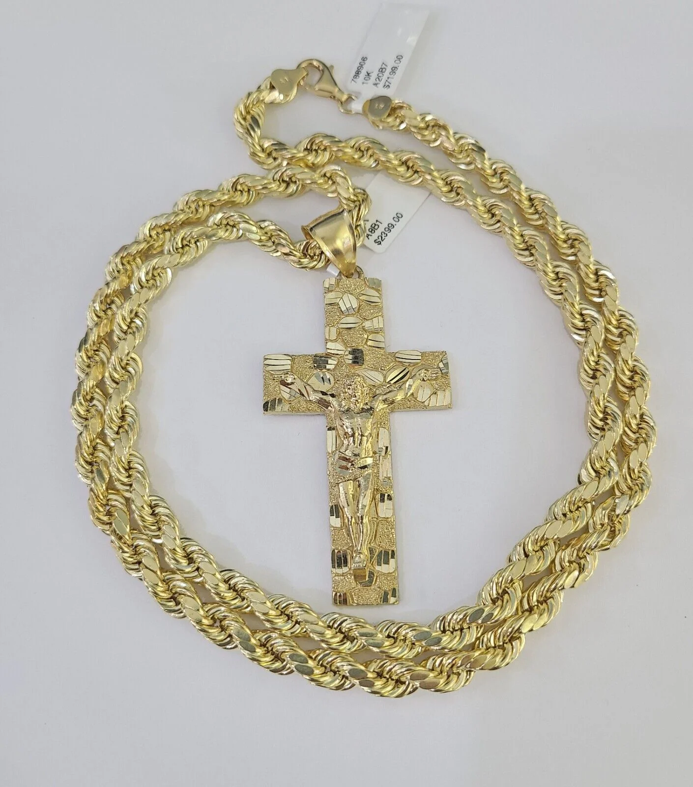 Real 10k Rope Chain Jesus Cross Charm Set 7mm 20"-28" Inch Necklace Yellow Gold - Image 2