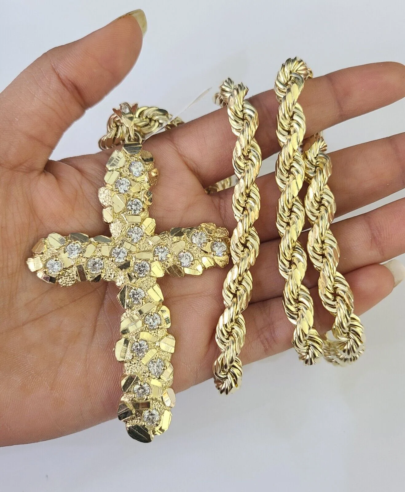 Real 10k Rope Chain Jesus Cross Charm Set 8mm 20"-30" Inch Necklace Yellow Gold - Image 5