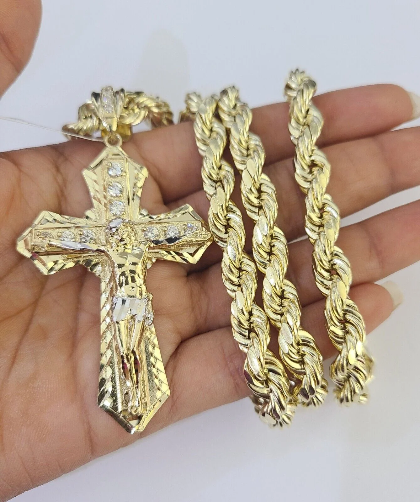 Real 10k Rope Chain Jesus Cross Charm Set 8mm 20"-30" Inch Necklace Yellow Gold - Image 4