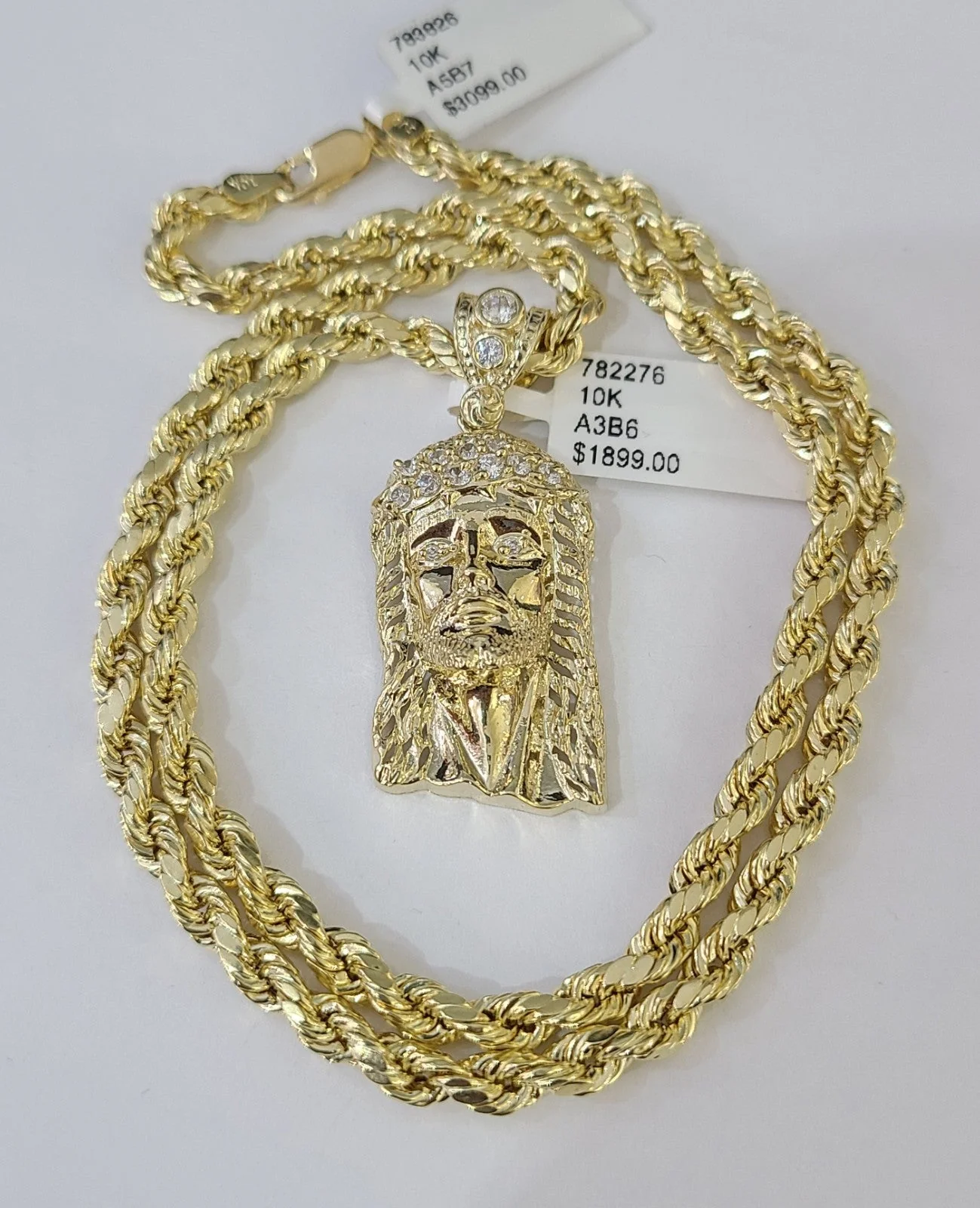 Real 10k Rope Chain Jesus Head Charm Necklace Pendant Set 4mm 18"-28" Gold