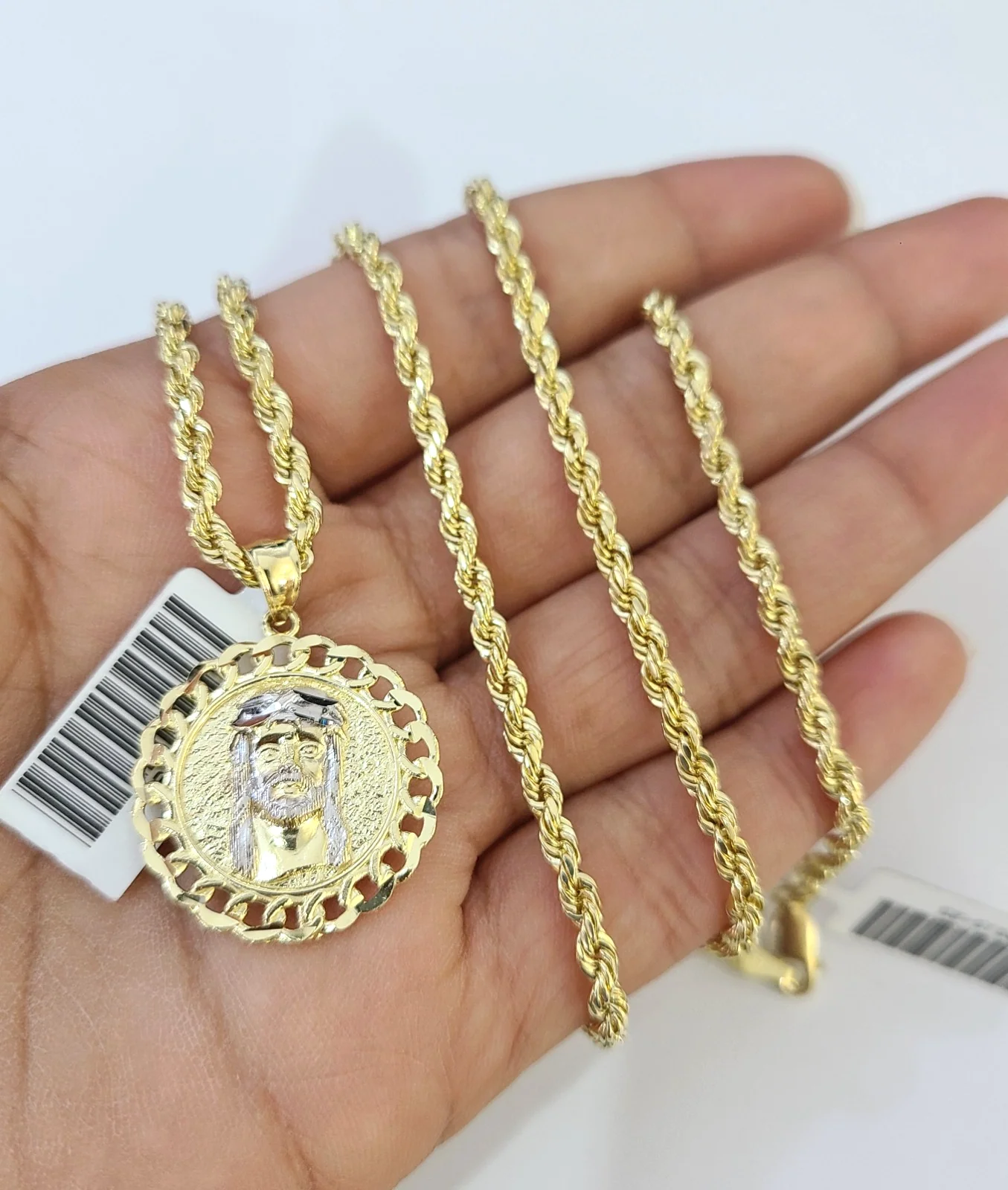 Real 10k Rope Chain Jesus Head Charm Necklace SET 2mm 18"-28" Pendant