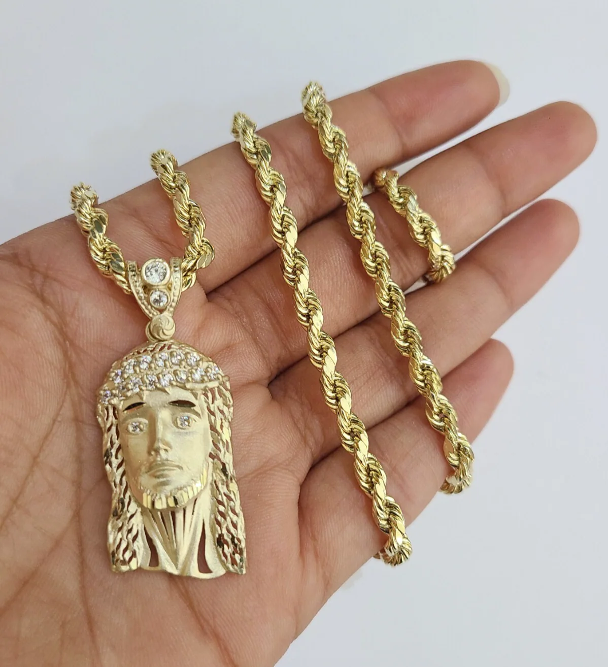 REAL 10k Rope Chain Jesus Head Charm Pendant 4mm Necklace Set 18"-28" in - Image 3