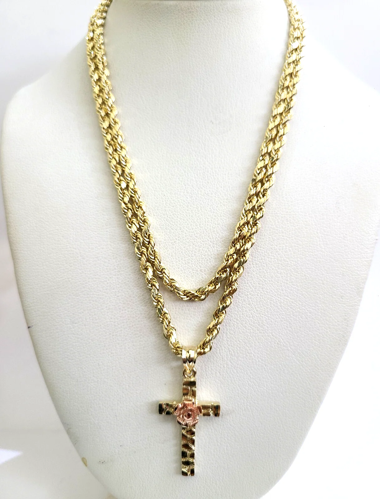 REAL 10k Rope Chain Jesus Rose Cross Charm Pendant 3mm Necklace Set 18"-28" in