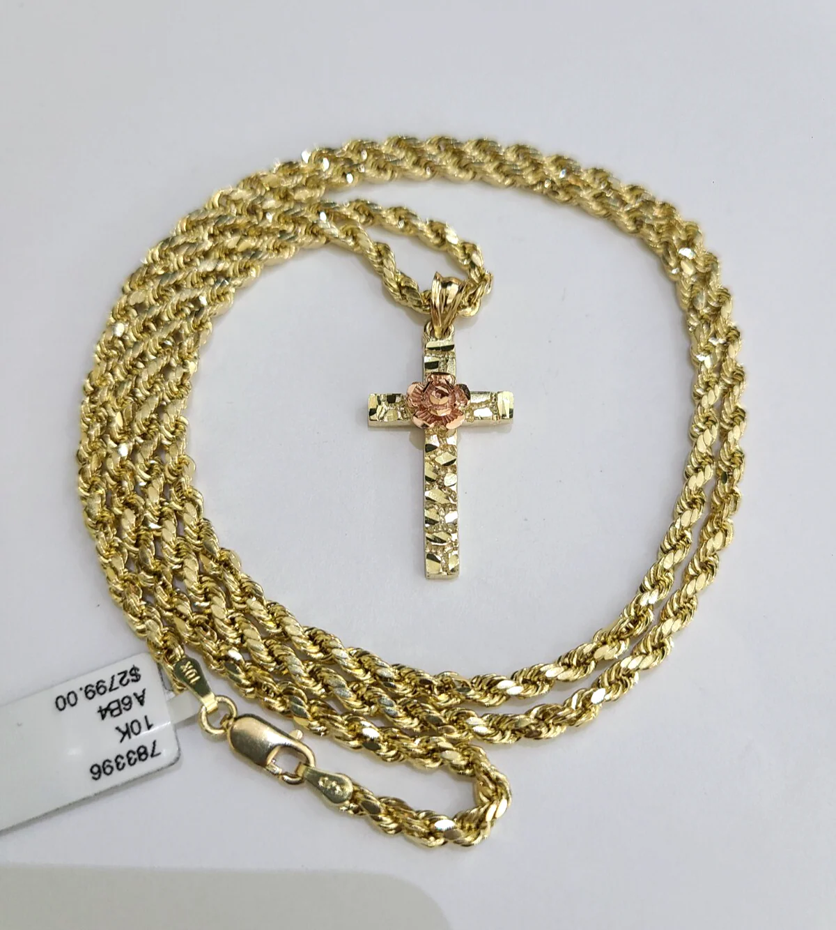 REAL 10k Rope Chain Jesus Rose Cross Charm Pendant 3mm Necklace Set 18"-28" in - Image 3