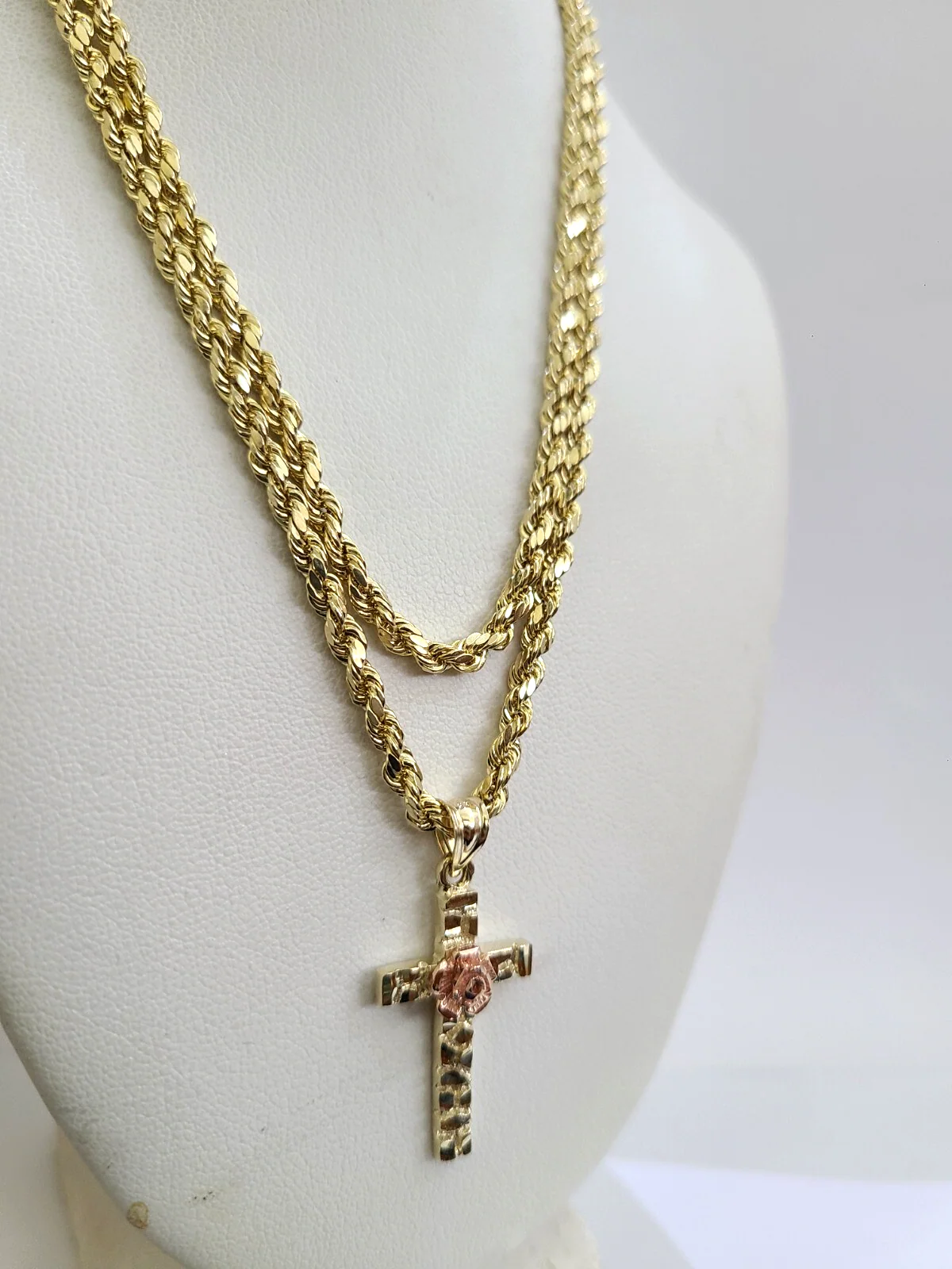 REAL 10k Rope Chain Jesus Rose Cross Charm Pendant 3mm Necklace Set 18"-28" in - Image 6