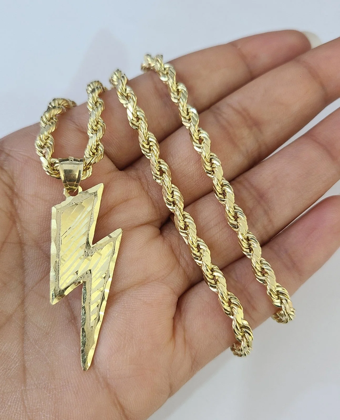 Real 10k Rope Chain Lightning Bolt Charm Necklace Pendant Set 4mm 18"-28" Gold