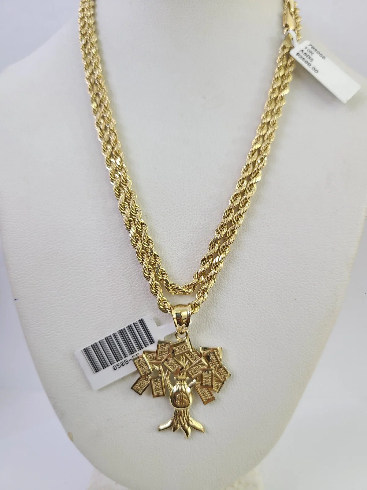 REAL 10k Rope Chain Money Tree Charm Pendant 3mm Necklace Set 18"-30" in - Image 3