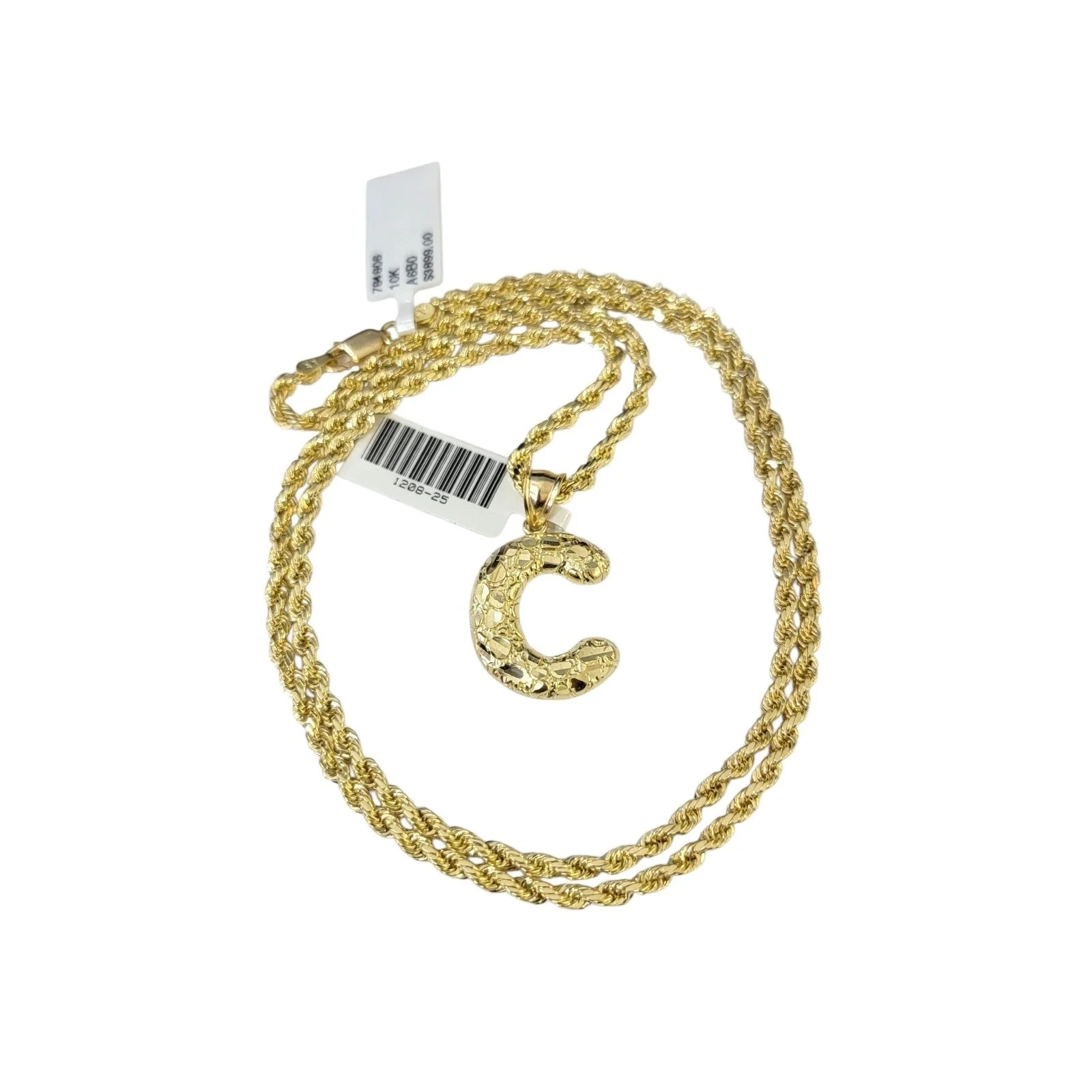 Real 10k Rope Chain Necklace Set 3mm 18"-28" Nugget C Initial Charm Pendant Gold - Image 2