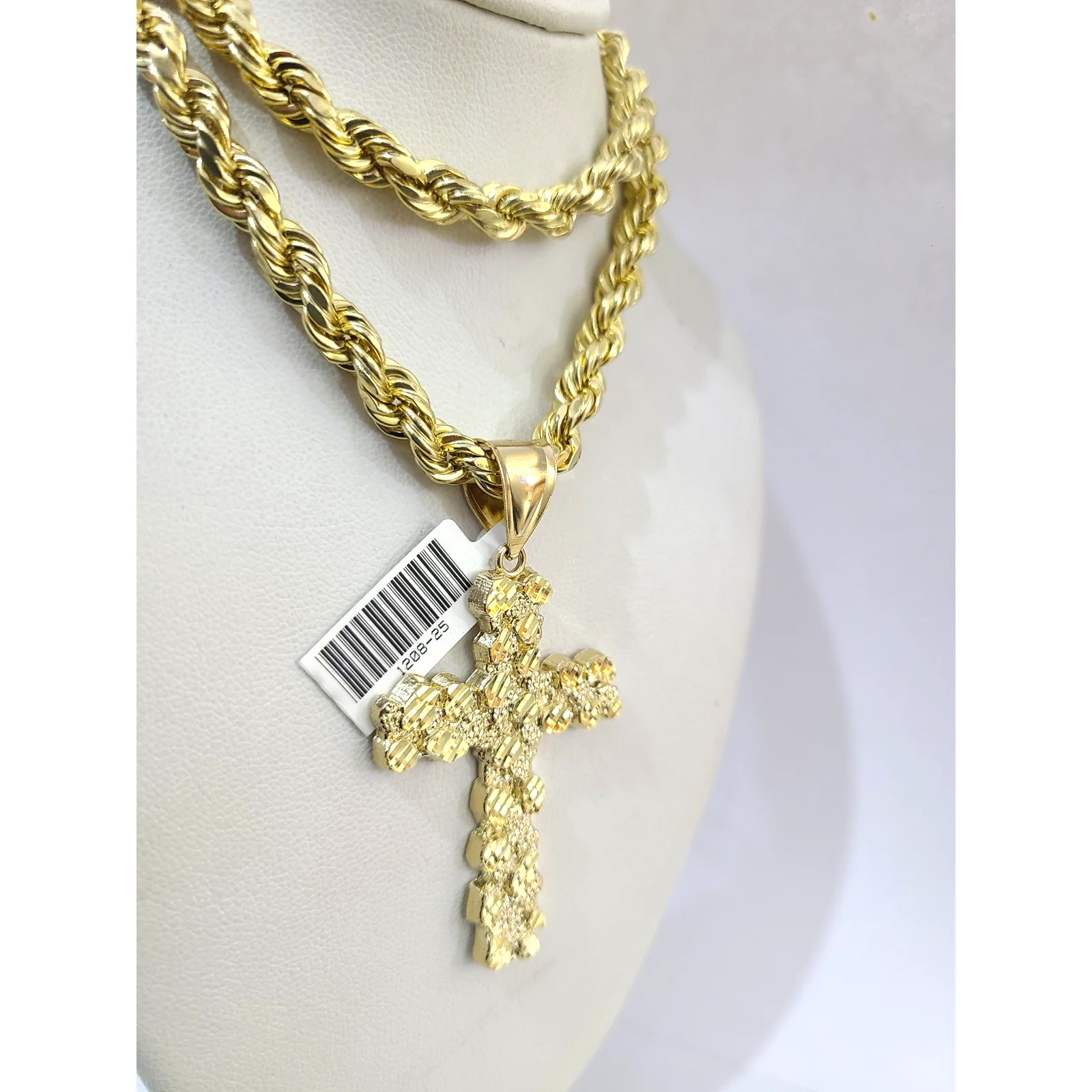 Real 10k Rope Chain Nugget Cross Necklace Pendant Set 7mm 20"-28" Gold Men