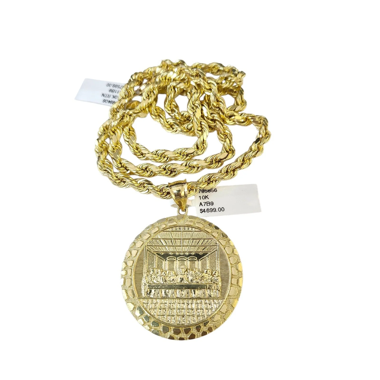 Real 10k Rope Chain Nugget Last Supper Necklace Pendant Set 6mm 20"-28" Gold