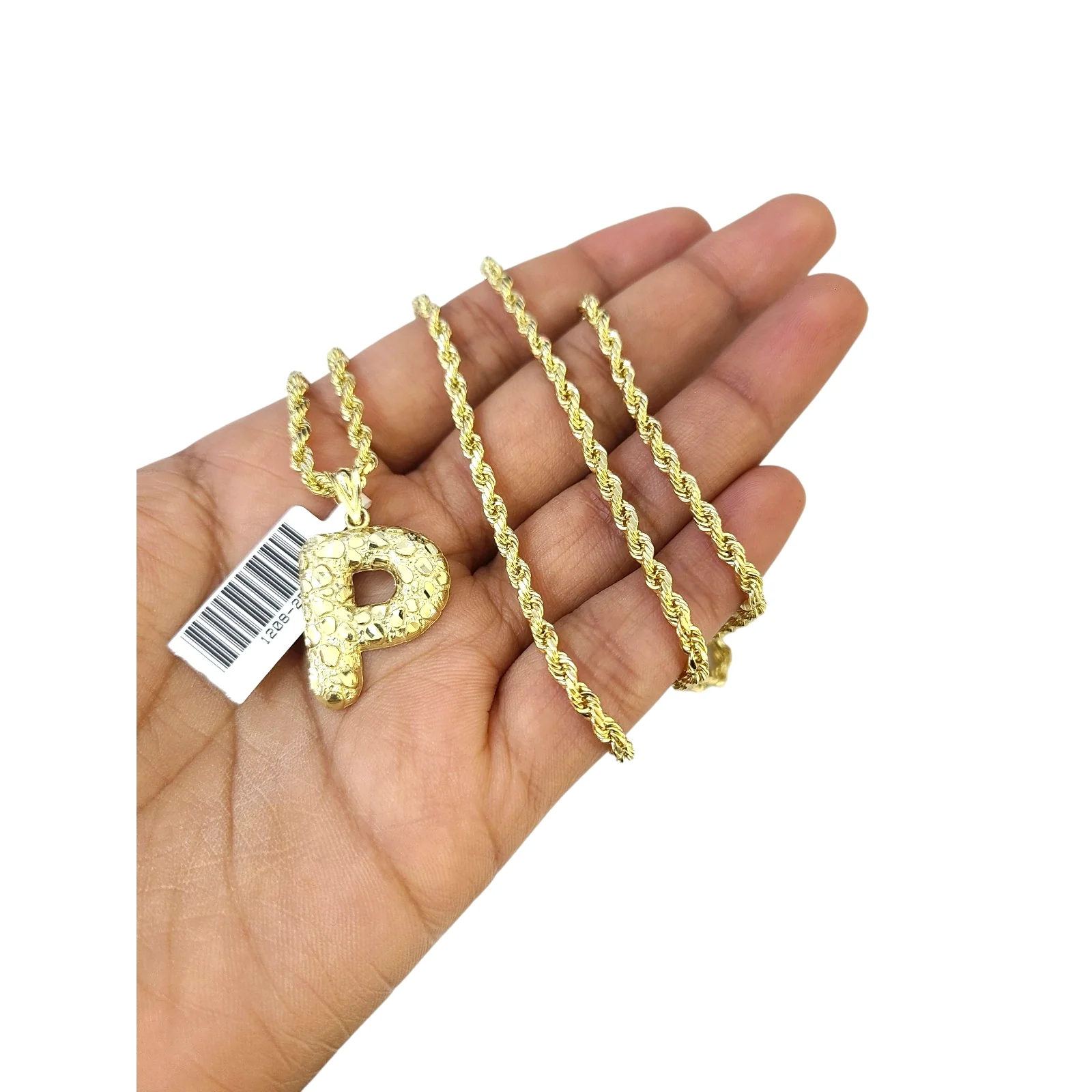Real 10k Rope Chain P Initial Charm 3mm 18"-28" Necklace Nugget Set Pendant Gold