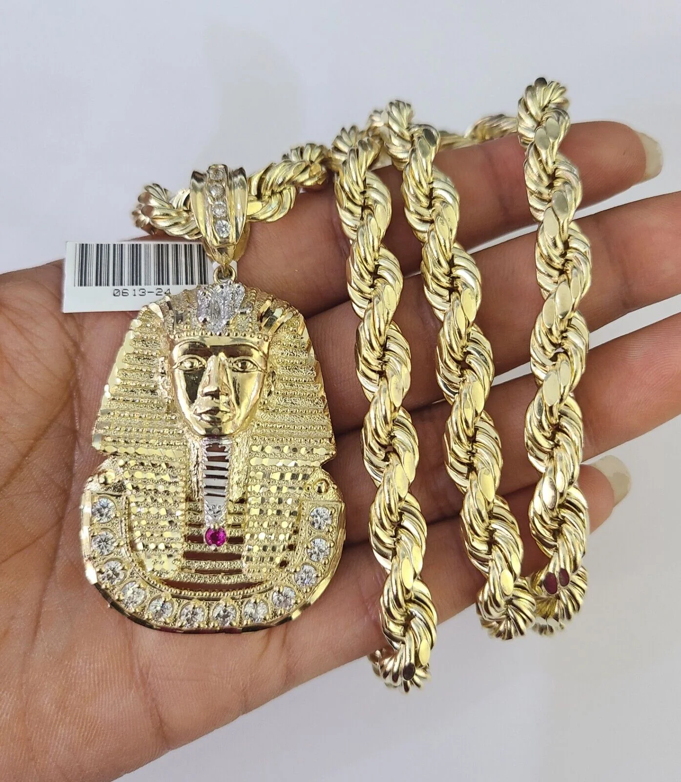 Real 10k Rope Chain Pharaoh Charm Set 8mm 20"-30" Inch Necklace Yellow Gold - Image 4