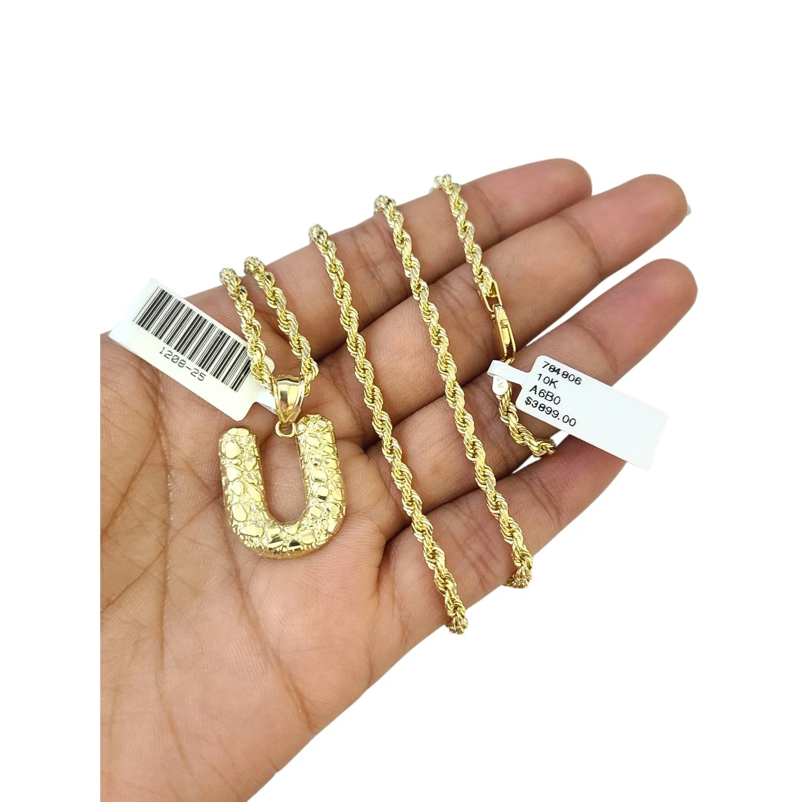 Real 10k Rope Chain U Initial Charm 3mm 18"-28" Necklace Nugget Set Pendant Gold