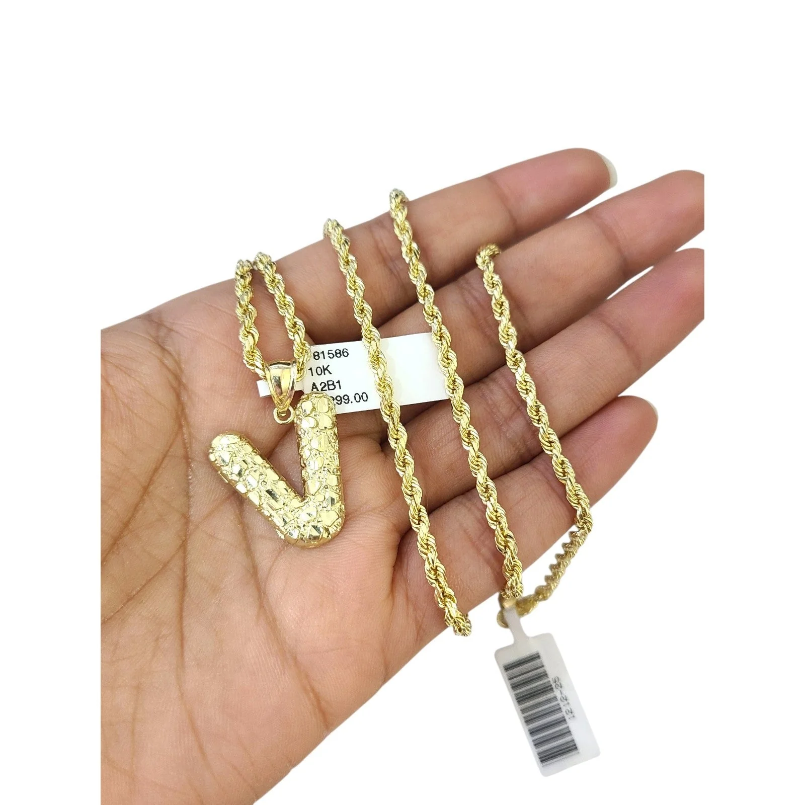 Real 10k Rope Chain V Nugget Initial Charm 3mm 18"-28" Necklace Set Pendant Gold