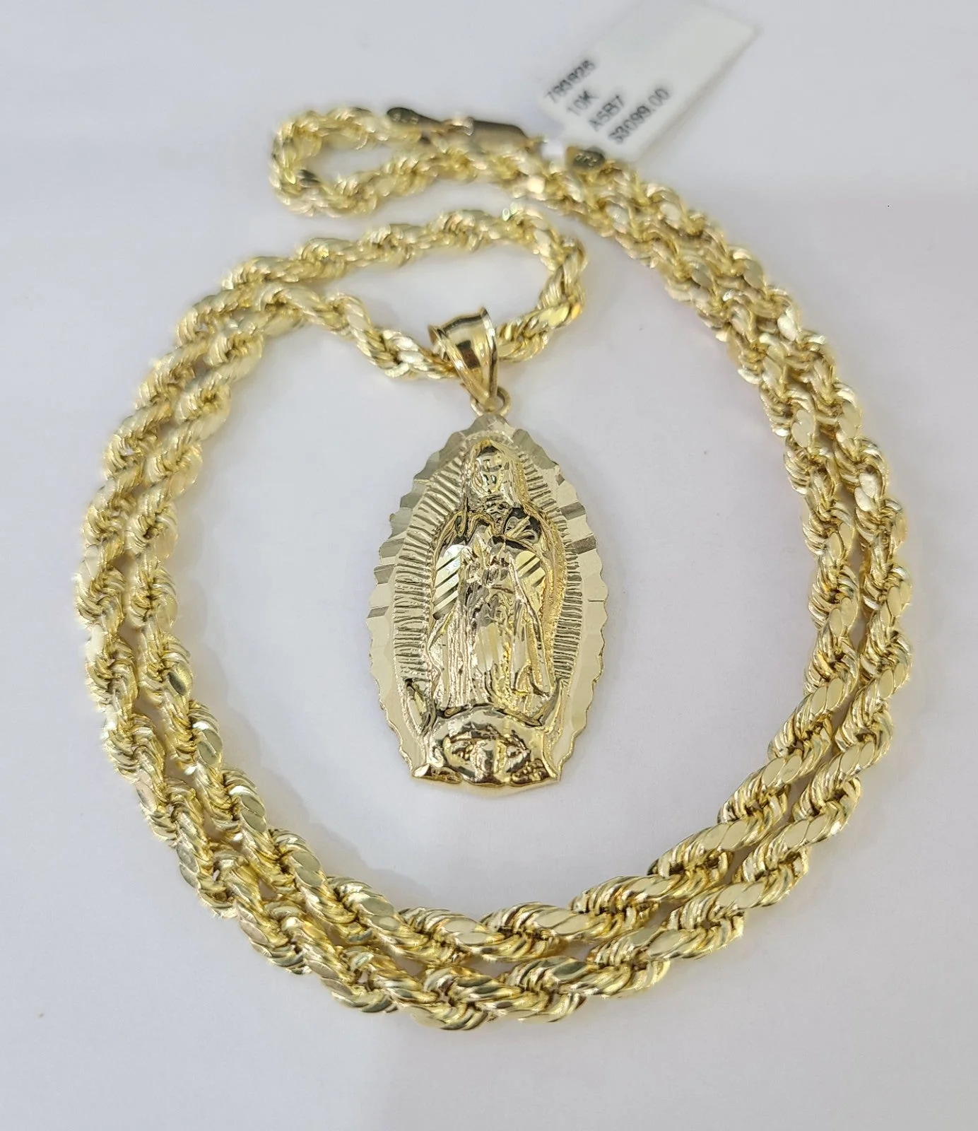 Real 10k Rope Chain Virgin Mary Charm Necklace Pendant Set 4mm 18"-28" Gold