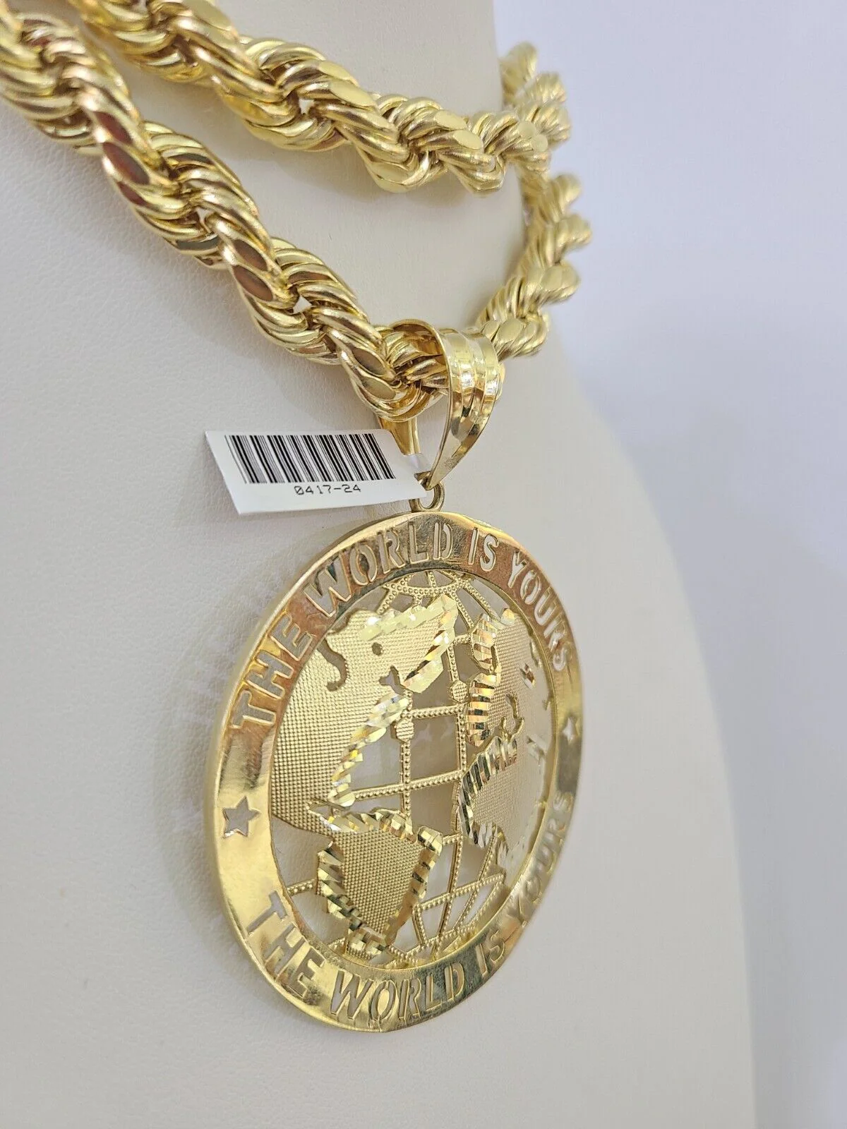Real 10k Rope Chain World is Yours Charm Set 10mm 20"-30" Inch Necklace Gold - Image 2