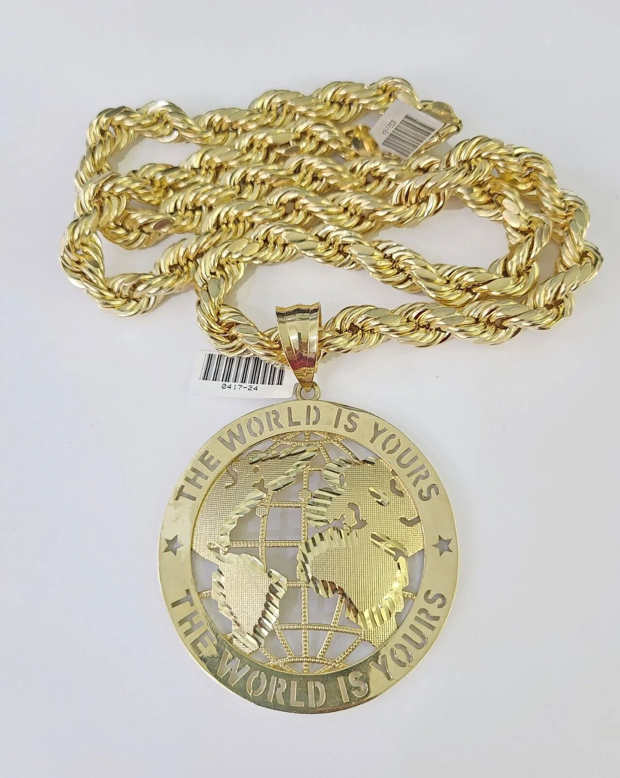 Real 10k Rope Chain World is Yours Charm Set 10mm 20"-30" Inch Necklace Gold - Image 6