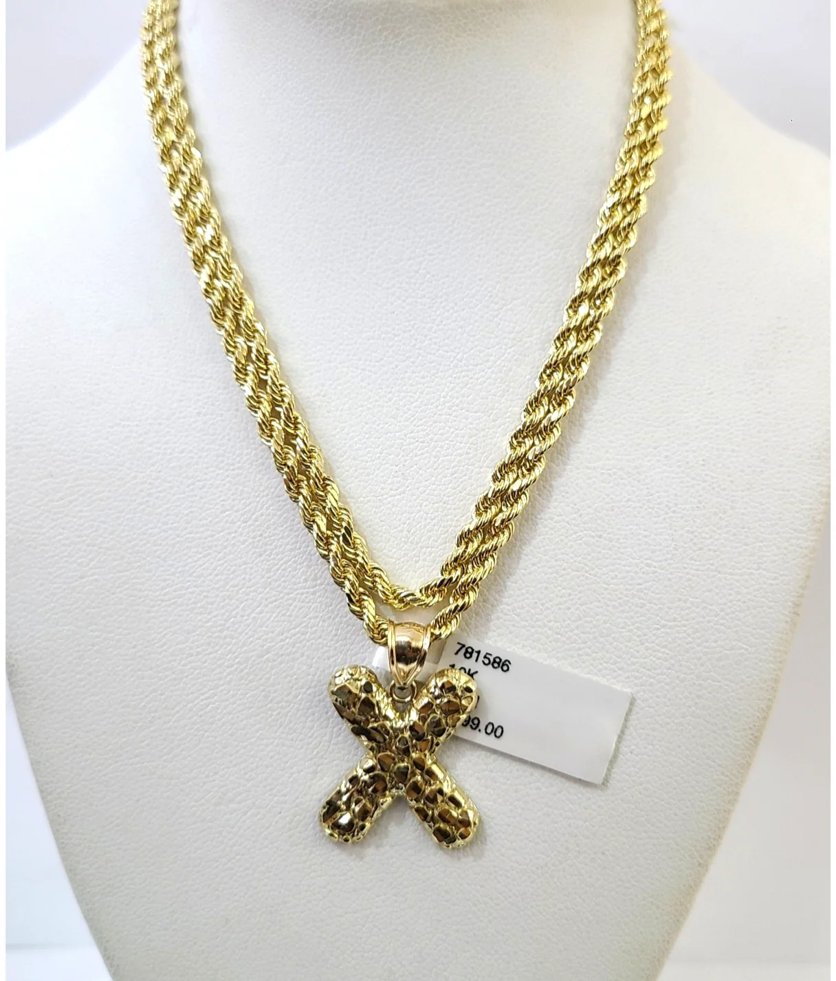 Real 10k Rope Chain X Nugget Initial Charm 3mm 18"-28" Necklace Set Pendant Gold - Image 6