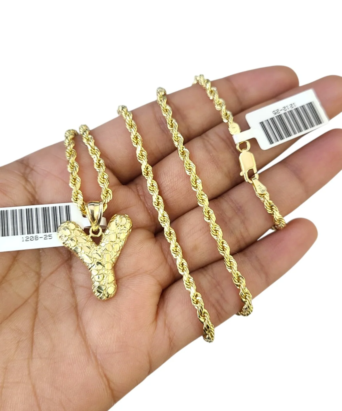 Real 10k Rope Chain Y Necklace Nugget Initial Charm 3mm 18"-28" Set Pendant Gold