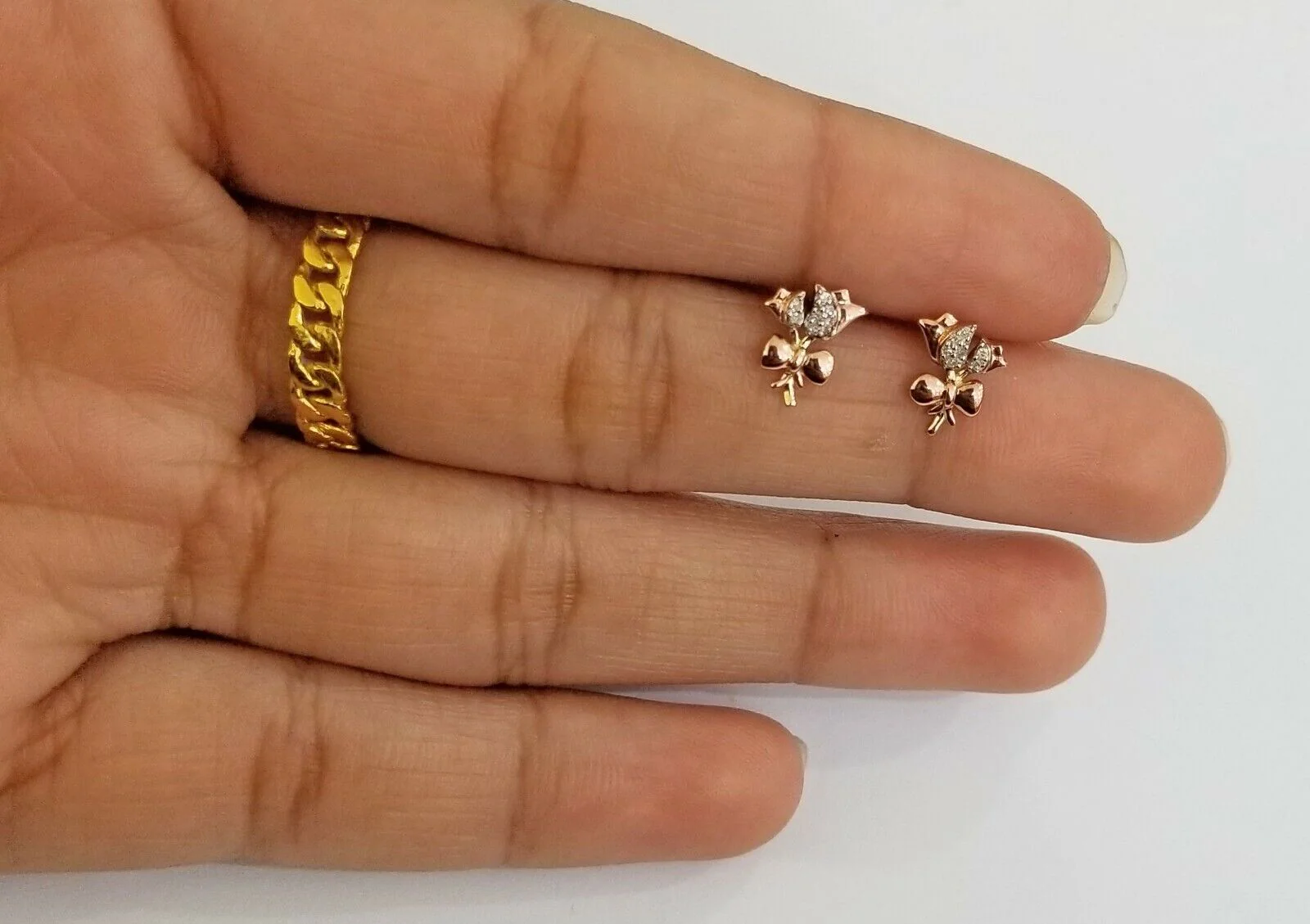 Real 10k rose gold flower Earring with 0.04CT diamond screw-bag Women studs - Image 2