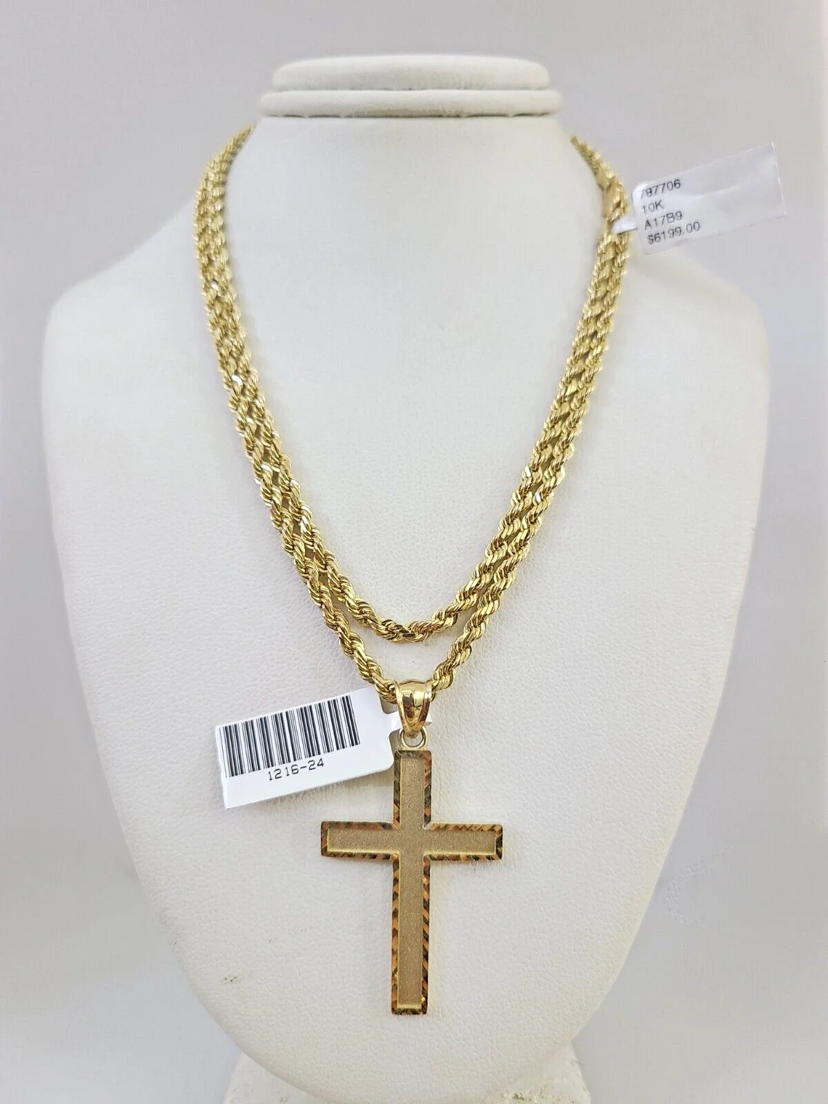 REAL 10k Solid Rope Chain Jesus Cross Charm Pendant 3mm Set 18"-26" in Necklace