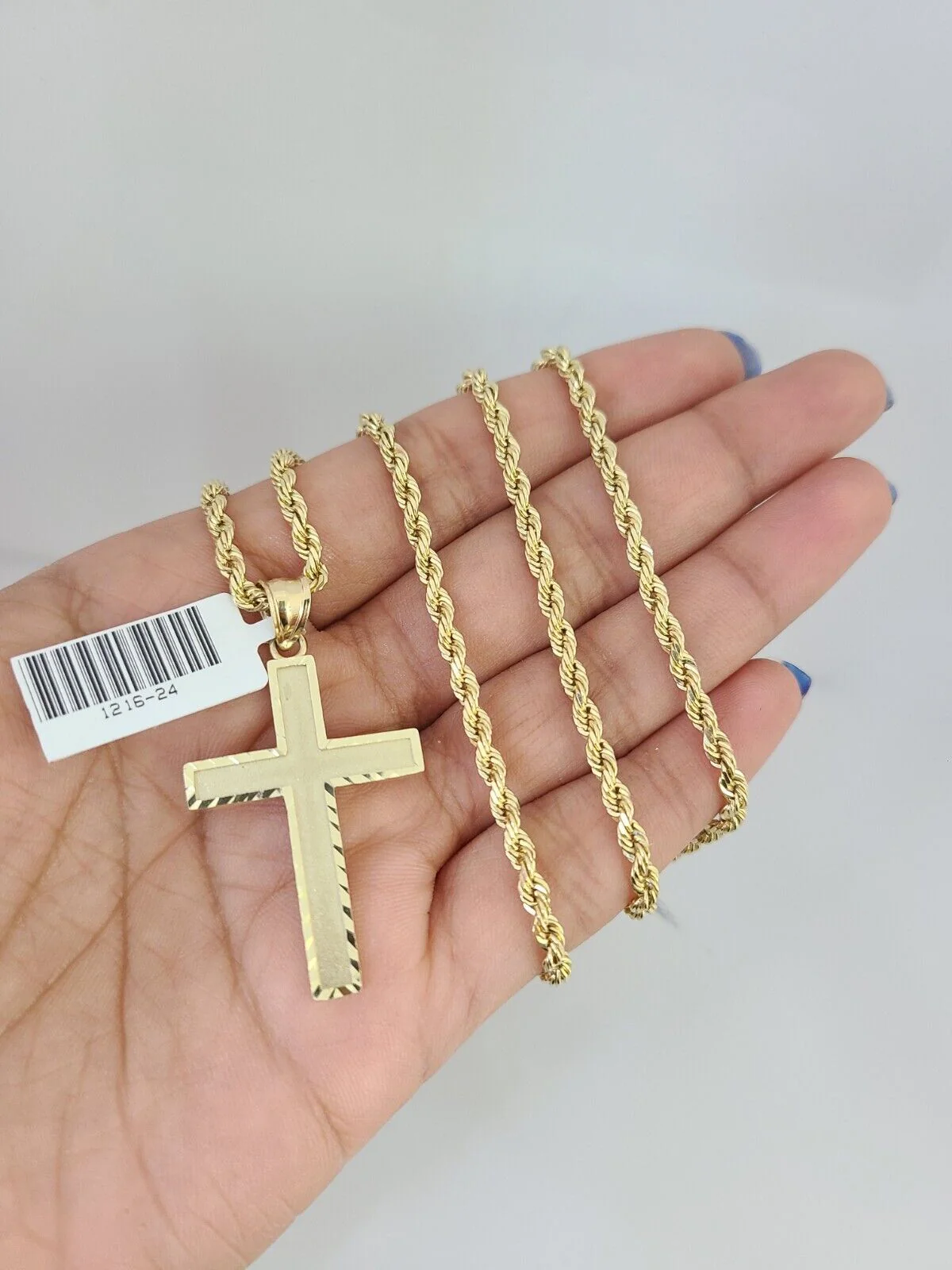 REAL 10k Solid Rope Chain Jesus Cross Charm Pendant 3mm Set 18"-26" in Necklace - Image 3