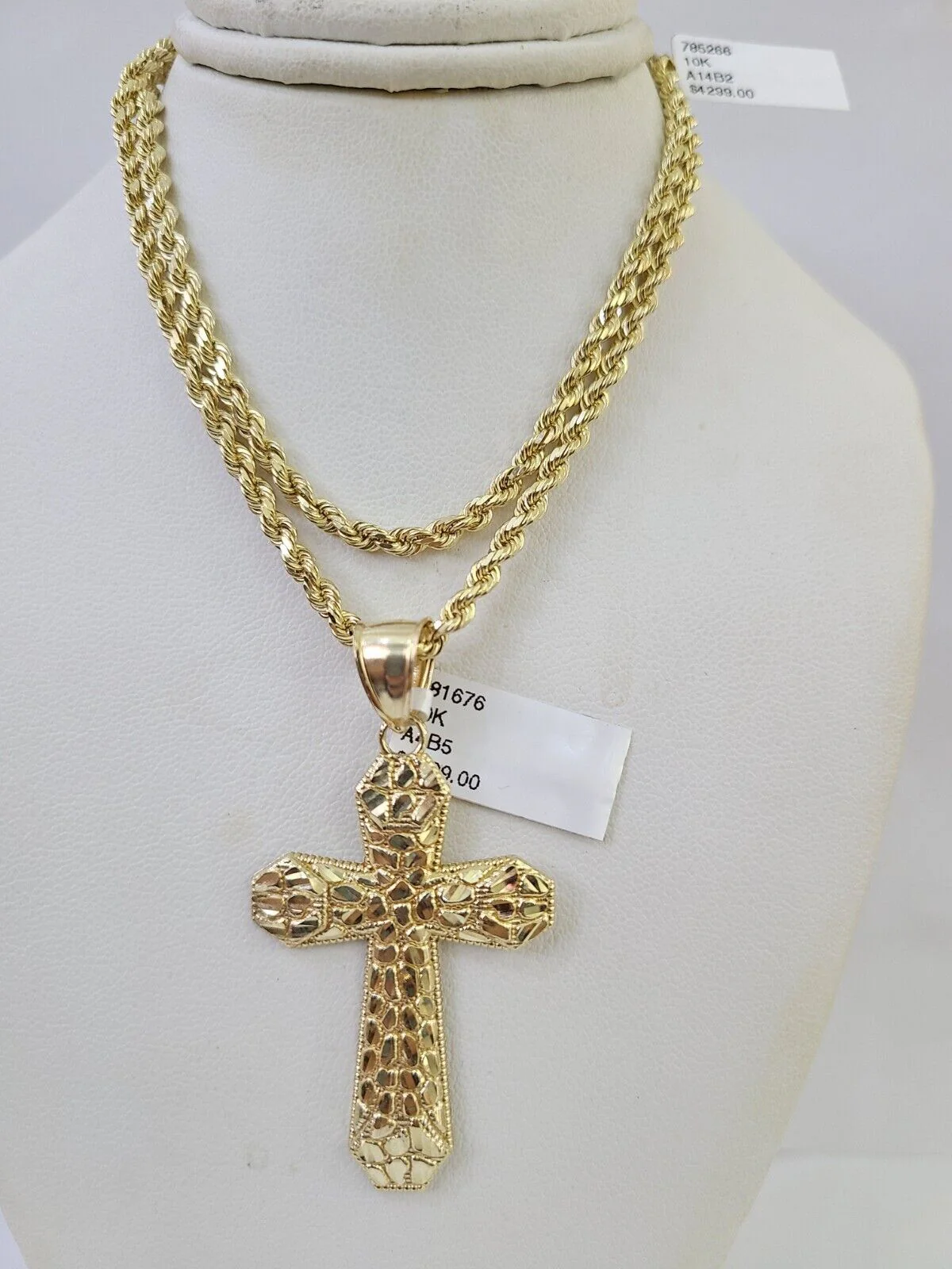 Real 10k Solid Rope Chain Jesus Cross Charm Set 3mm 20"-30" Inch Necklace Gold