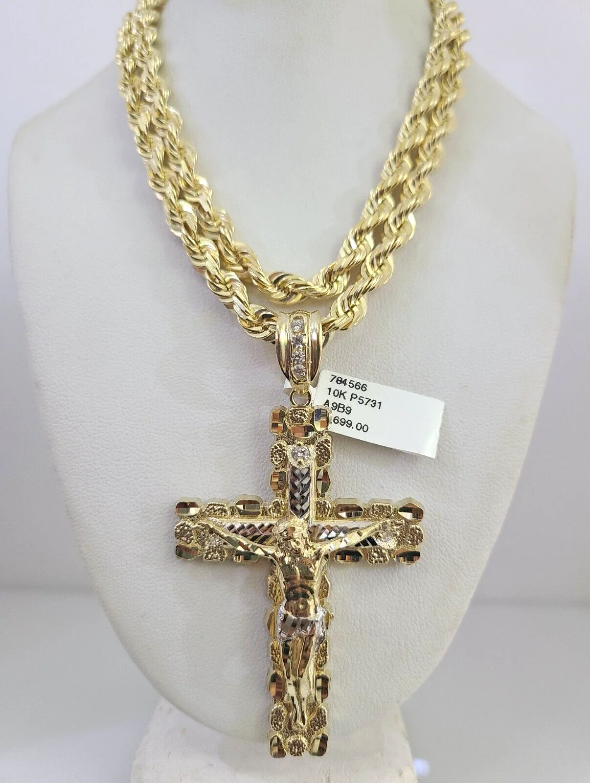 Real 10k Solid Rope Chain Jesus Cross Charm Set 6mm 20"-30" Inch Necklace Gold