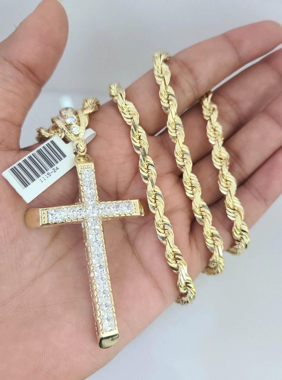 Real 10k Solid Rope Chain Jesus Cross Charm Set 6mm 20"-30" Inch Necklace Gold