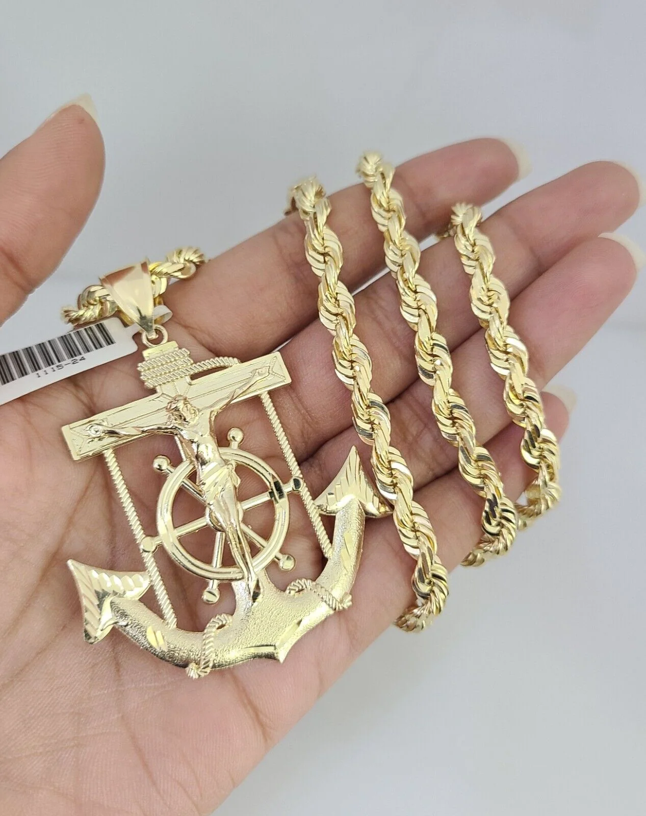 REAL 10k Solid Rope Necklace 6mm Jesus Anchor Pendant SET Chain 20"-30'' Gold - Image 10