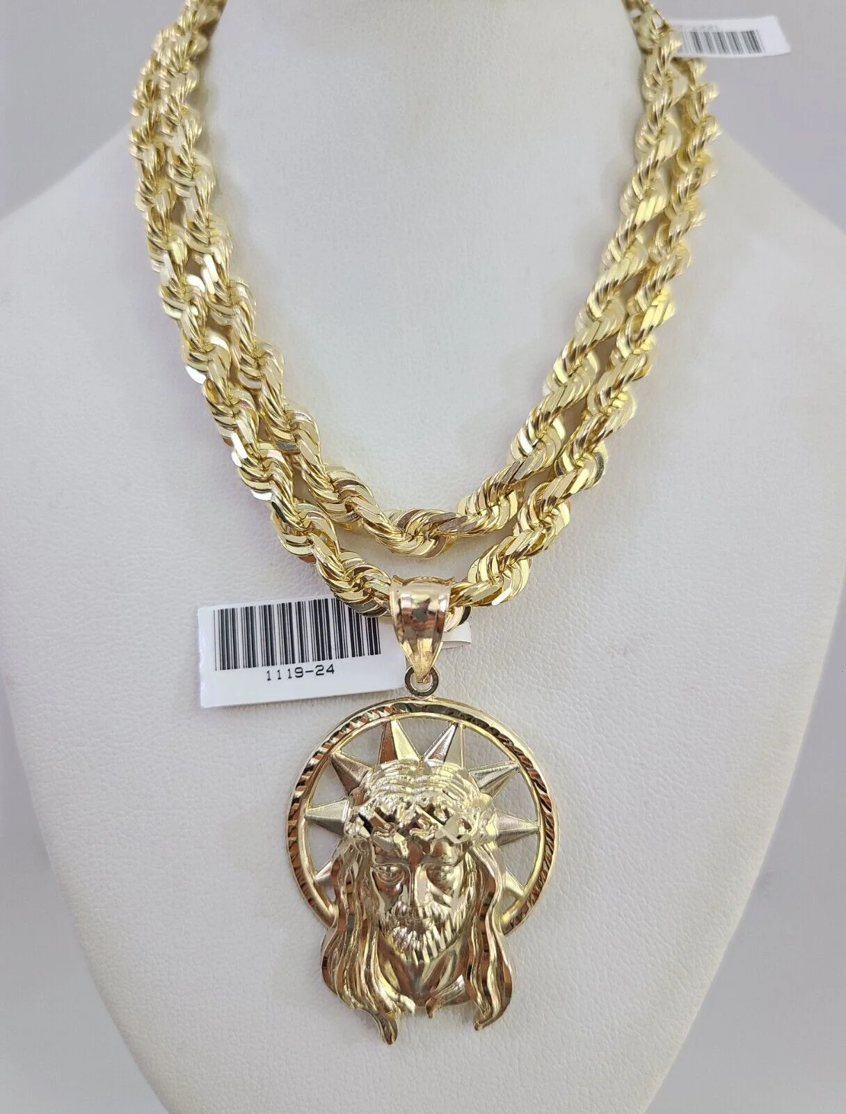 REAL 10k Solid Rope Necklace 6mm Jesus Head Pendant SET Chain 20"-30'' Gold - Image 4