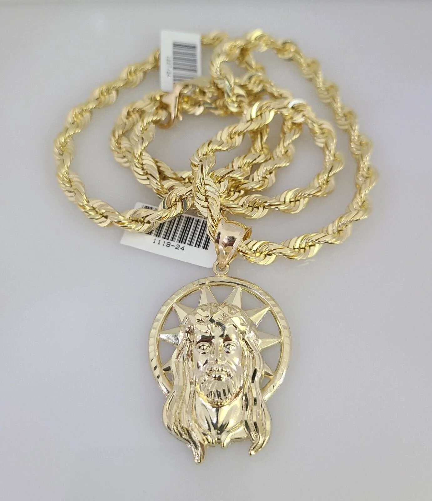 REAL 10k Solid Rope Necklace 6mm Jesus Head Pendant SET Chain 20"-30'' Gold - Image 7