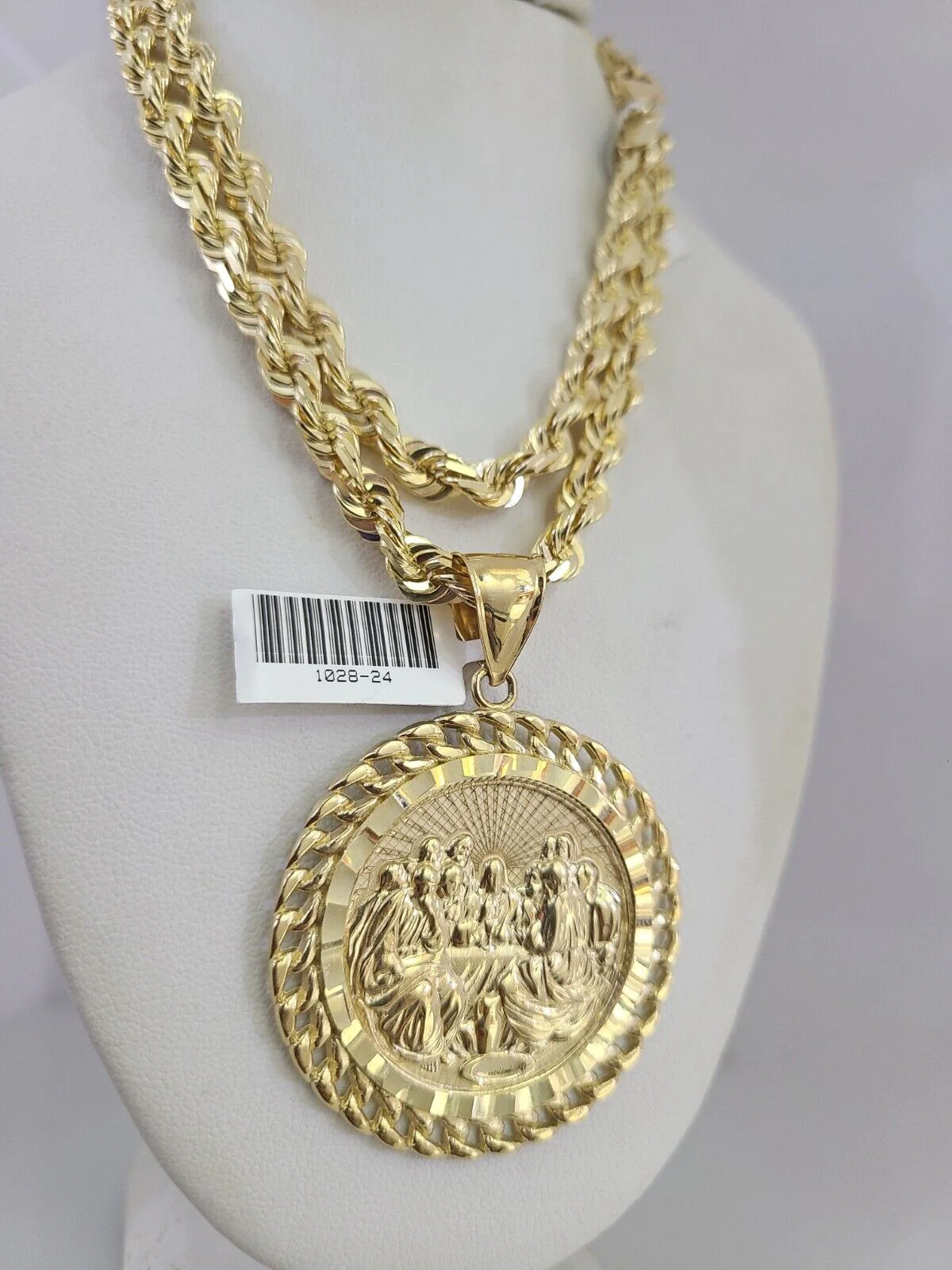 REAL 10k Solid Rope Necklace 6mm Last Supper Pendant SET Chain 20"-30'' Gold