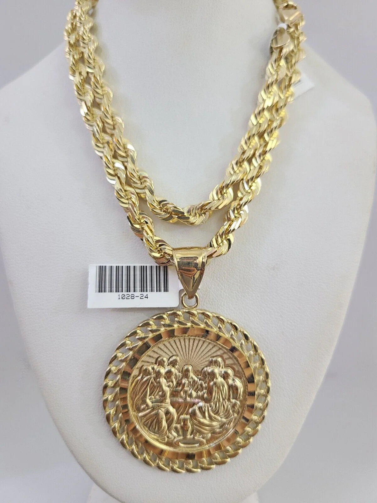 REAL 10k Solid Rope Necklace 6mm Last Supper Pendant SET Chain 20"-30'' Gold - Image 12