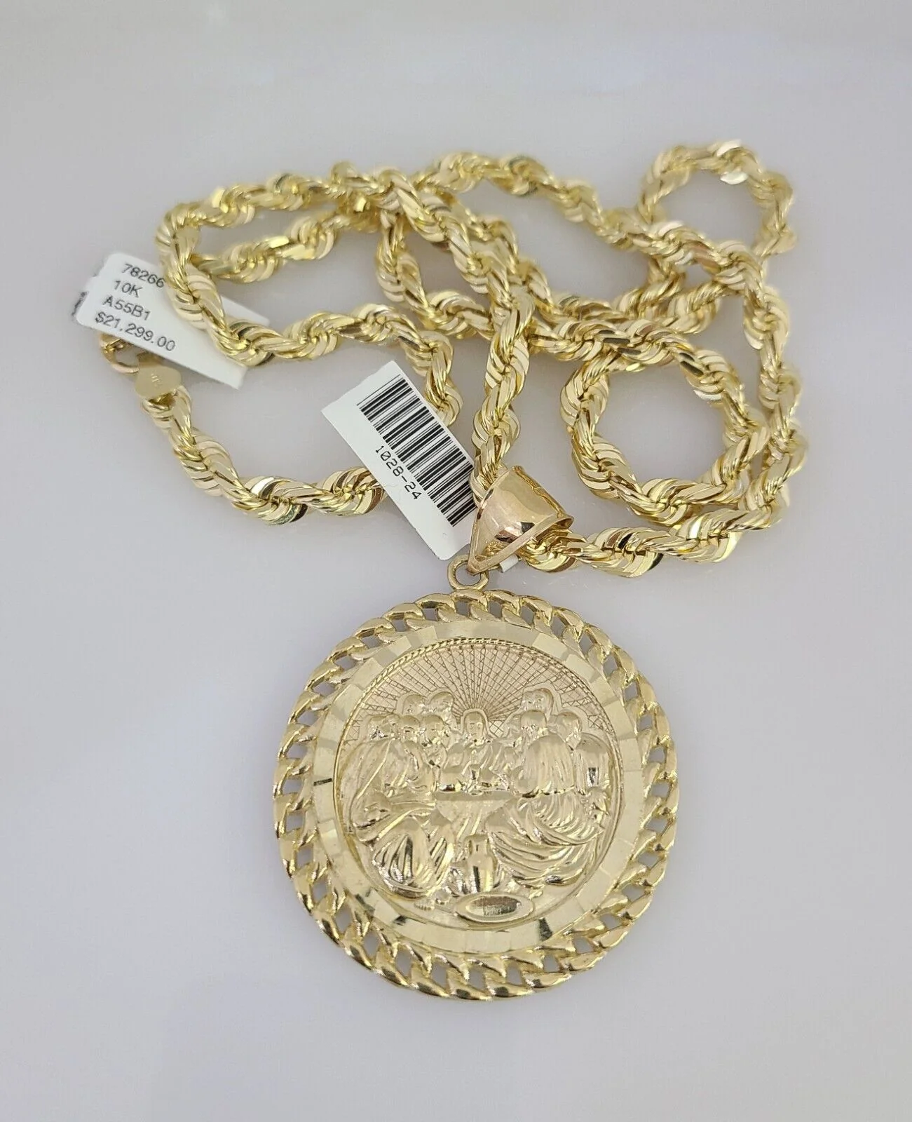 REAL 10k Solid Rope Necklace 6mm Last Supper Pendant SET Chain 20"-30'' Gold - Image 5