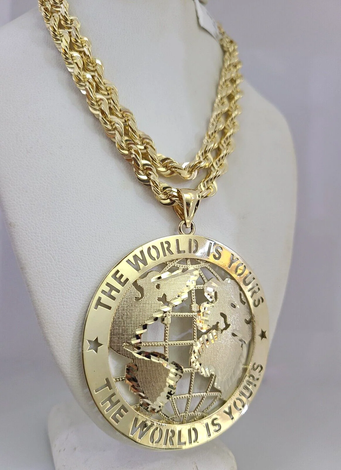 REAL 10k Solid Rope Necklace 6mm World is Yours Pendant SET Chain 20"-30'' Gold