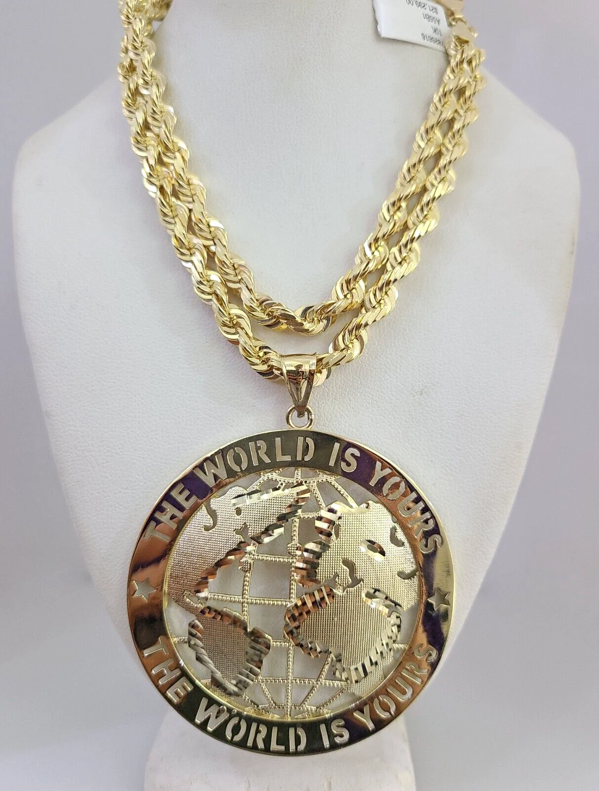 REAL 10k Solid Rope Necklace 6mm World is Yours Pendant SET Chain 20"-30'' Gold - Image 8