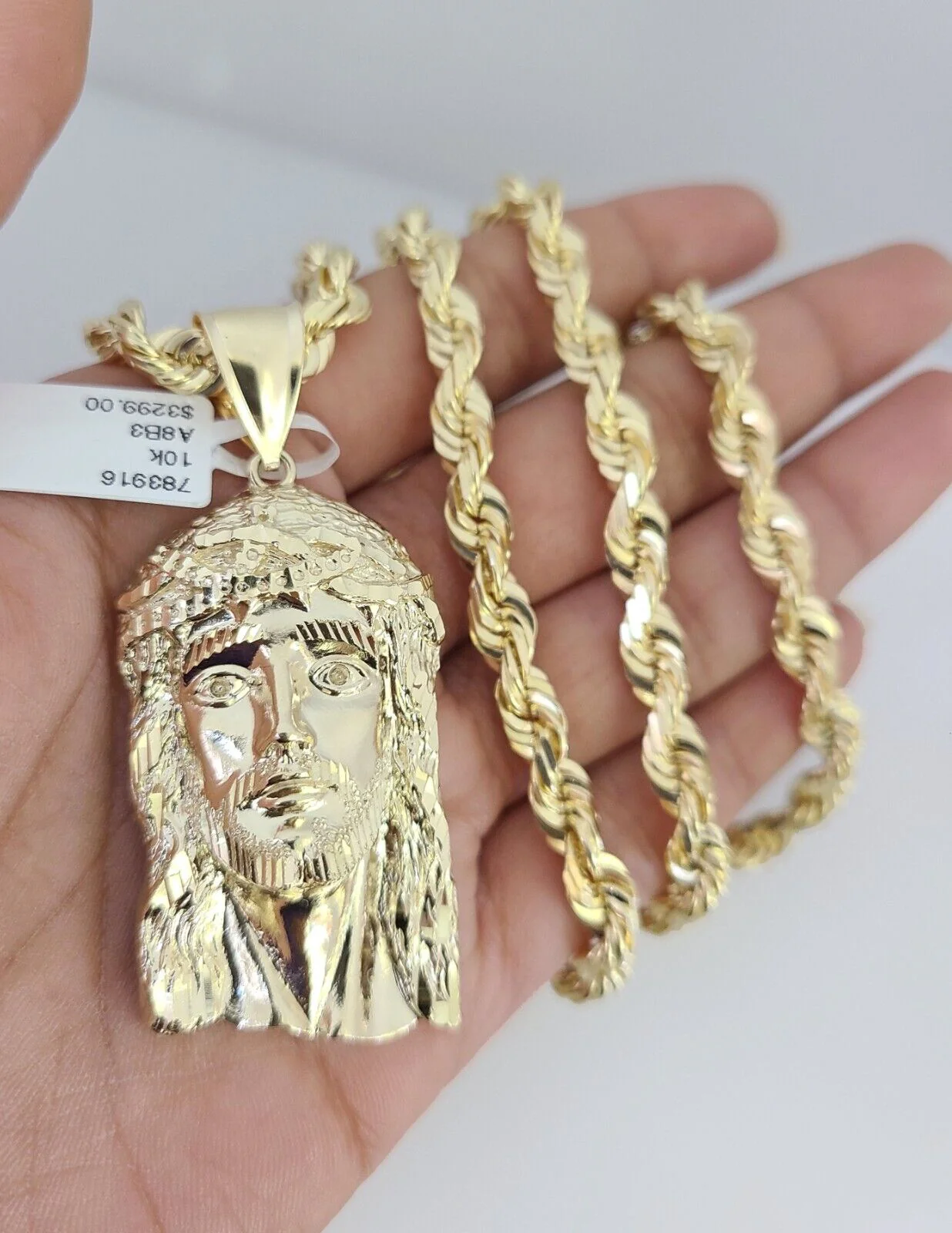 REAL 10k Solid Rope Necklace Jesus Head Pendant SET Chain 20"-30'' 6mm Gold - Image 3