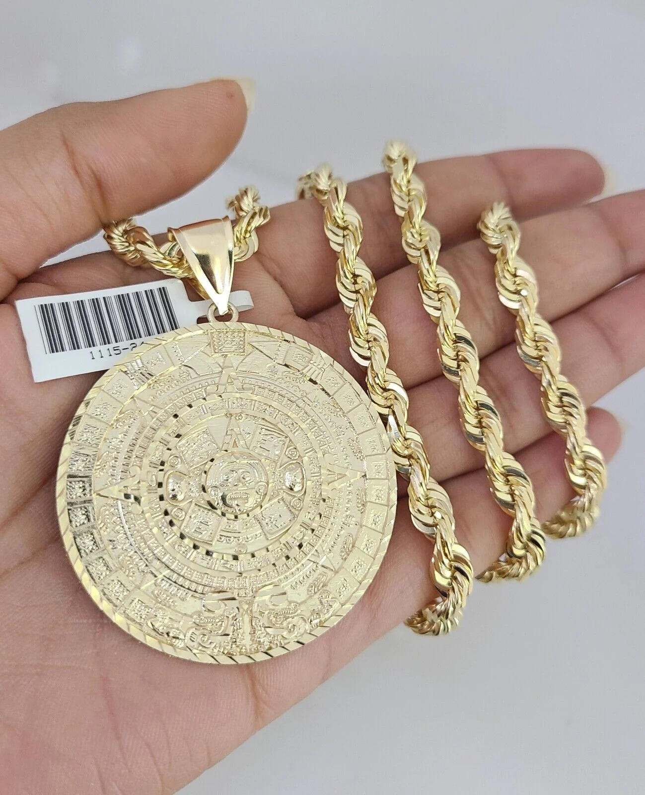 REAL 10k Solid Rope Necklace Mayan Calendar Pendant SET Chain 20"-30'' 6mm Gold