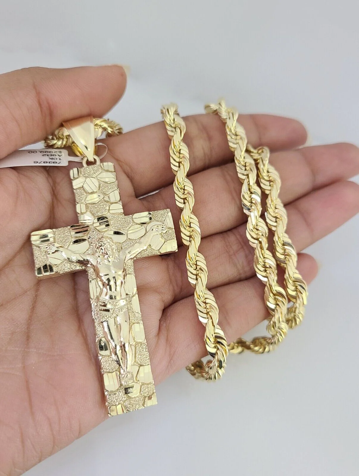 REAL 10k Solid Rope Necklace Nugget Cross Pendant SET Chain 20"-30'' 6mm Gold