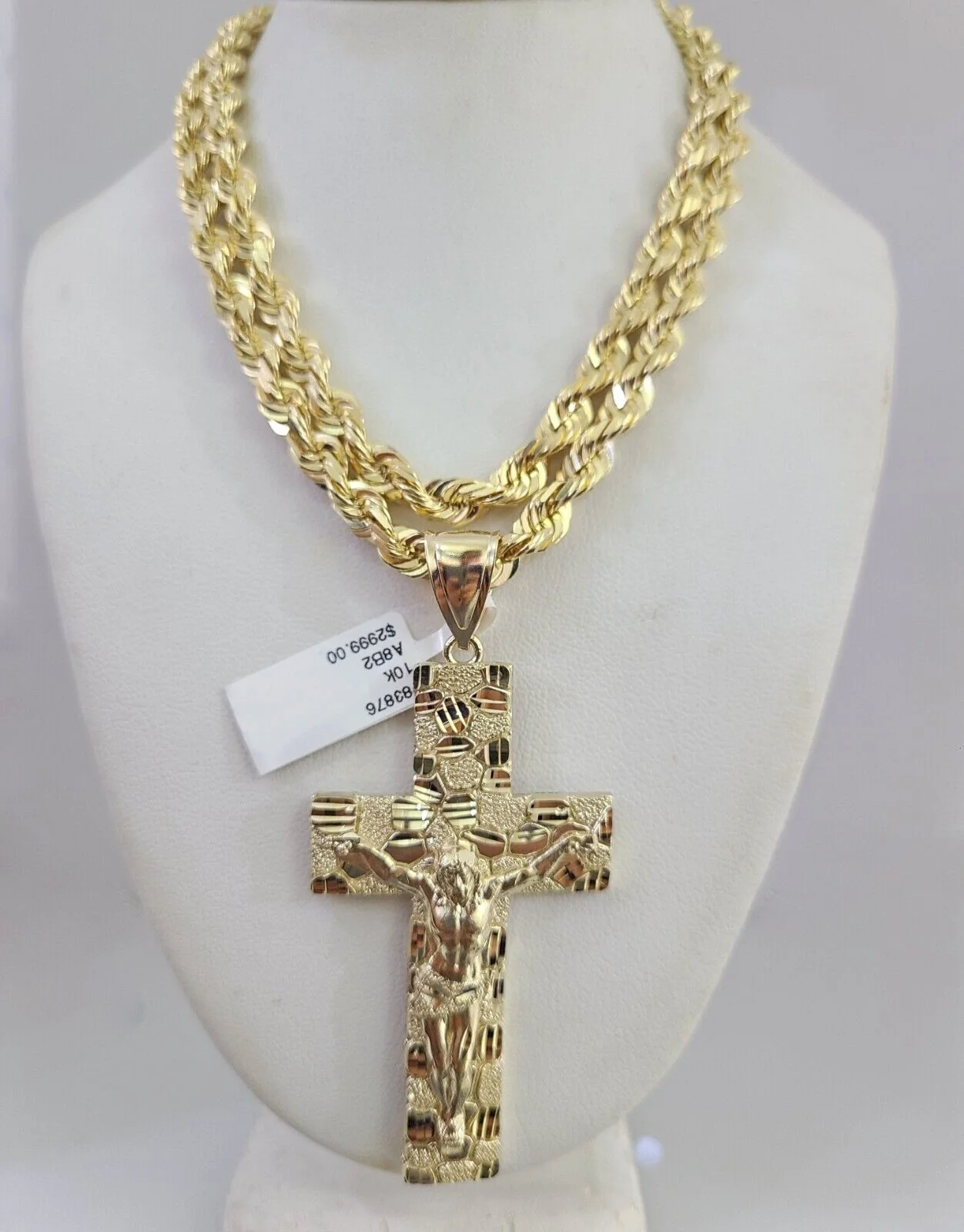 REAL 10k Solid Rope Necklace Nugget Cross Pendant SET Chain 20"-30'' 6mm Gold - Image 11