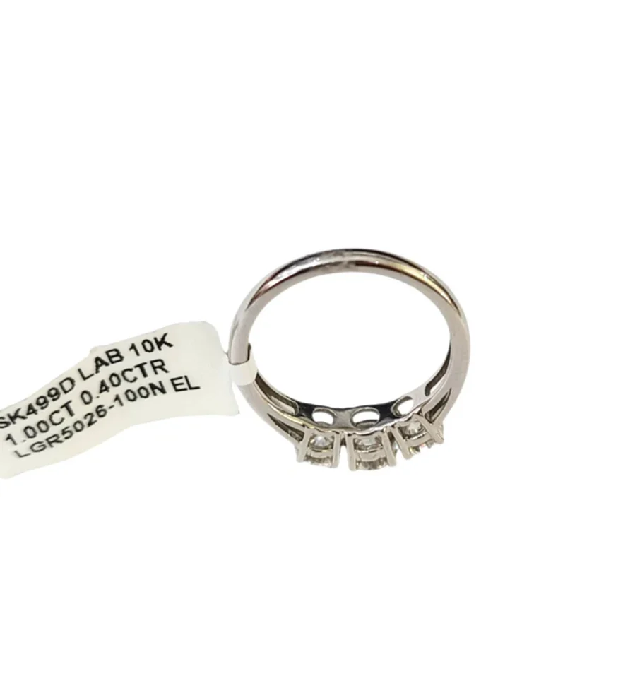 REAL 10k White Gold Diamond Ring Lab Created 3 Stone Wedding Band Women - Image 3