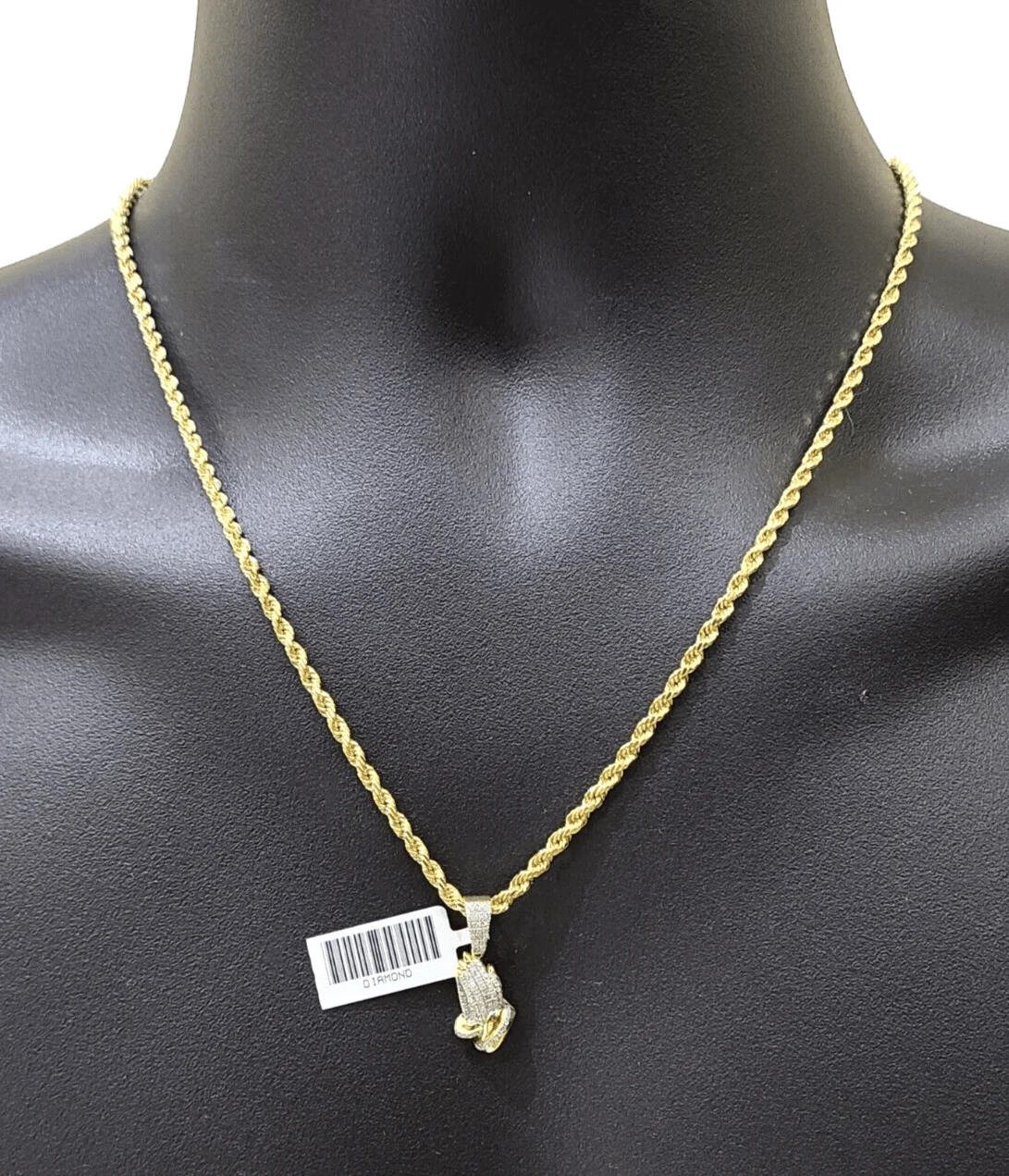 Real 10k Yellow Gold 3mm Rope Chain 20" inch Necklace Praying Hand Charm Pendant - Image 3