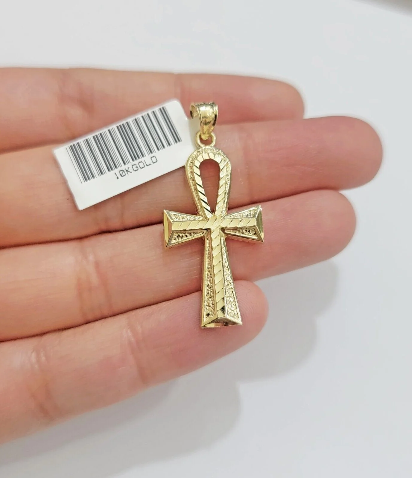 Real 10k Yellow Gold Ankh charm pendant 1.5" Diamond Cuts Cross Charm for Chain - Image 2